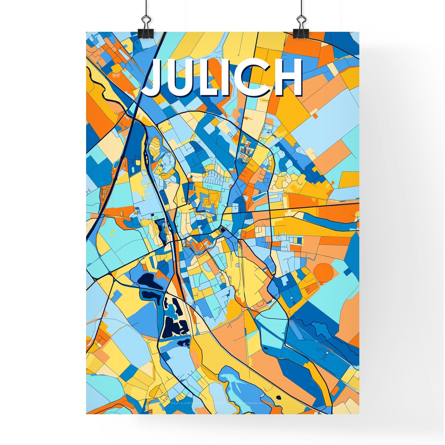 JULICH GERMANY Vibrant Colorful Art Map Poster Blue Orange