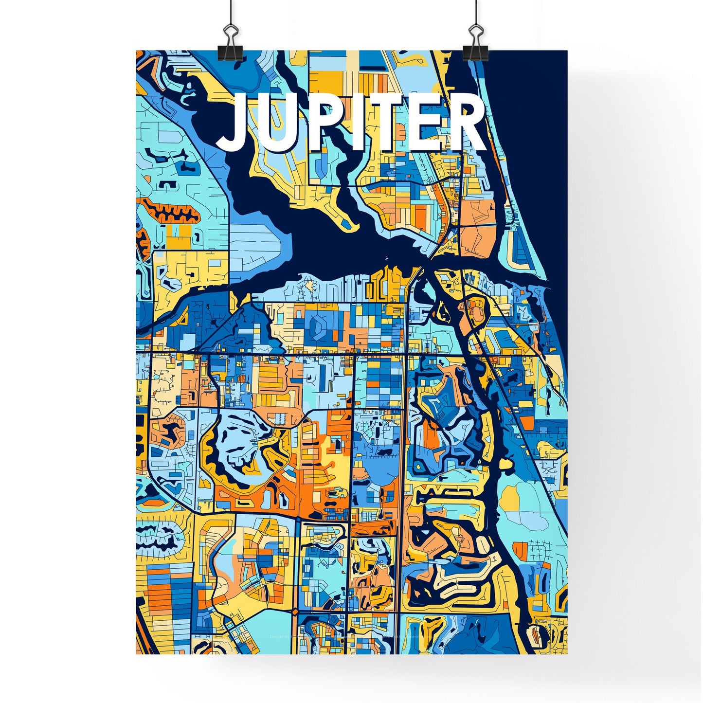 JUPITER FLORIDA Vibrant Colorful Art Map Poster Blue Orange