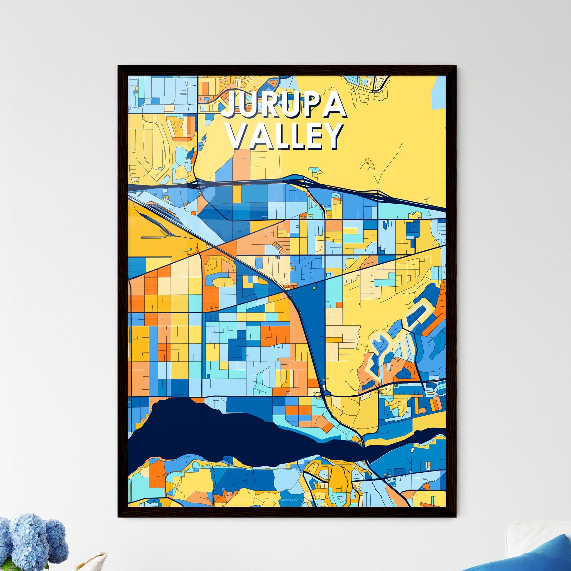 JURUPA VALLEY CALIFORNIA Vibrant Colorful Art Map Poster Blue Orange