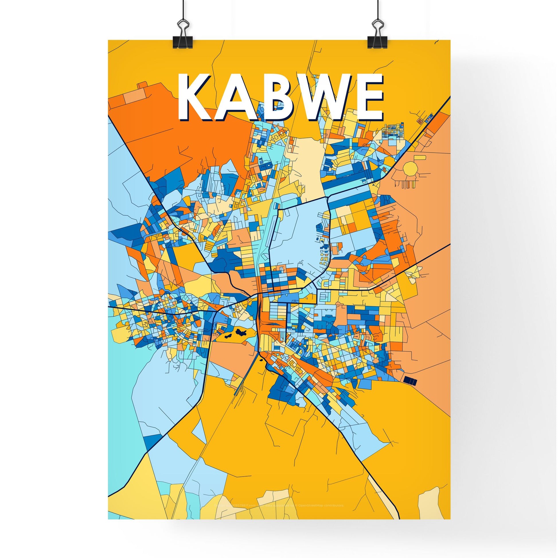 KABWE ZAMBIA Vibrant Colorful Art Map Poster Blue Orange