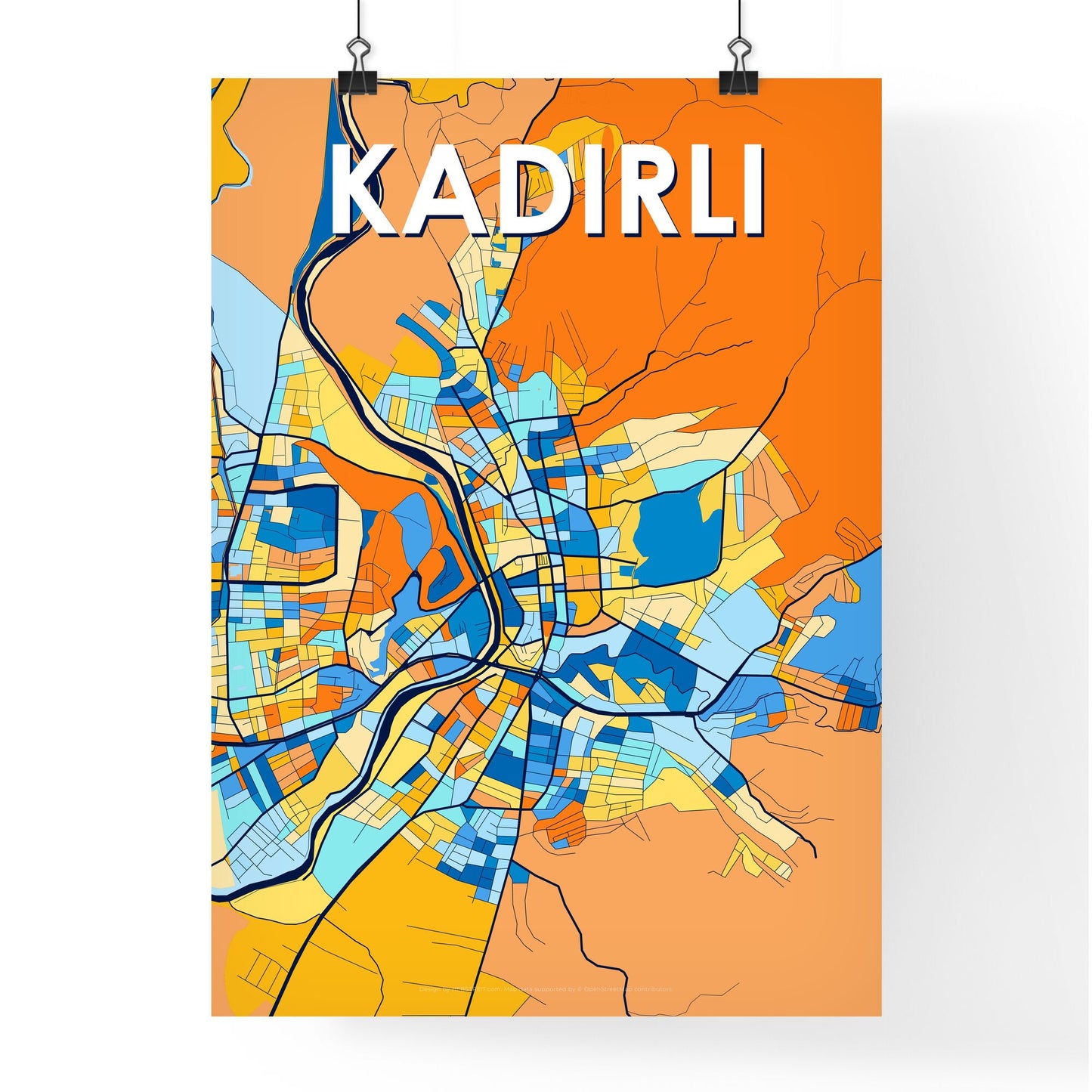 KADIRLI TURKEY Vibrant Colorful Art Map Poster Blue Orange