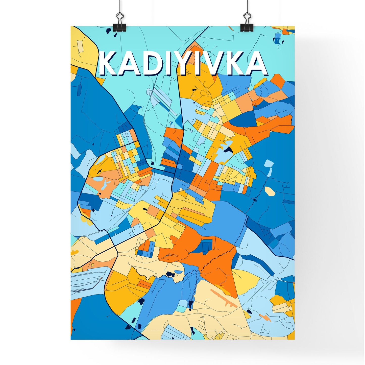 KADIYIVKA UKRAINE Vibrant Colorful Art Map Poster Blue Orange