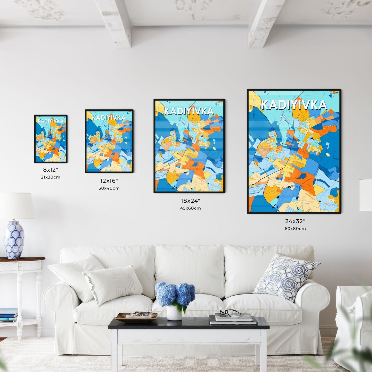 KADIYIVKA UKRAINE Vibrant Colorful Art Map Poster Blue Orange