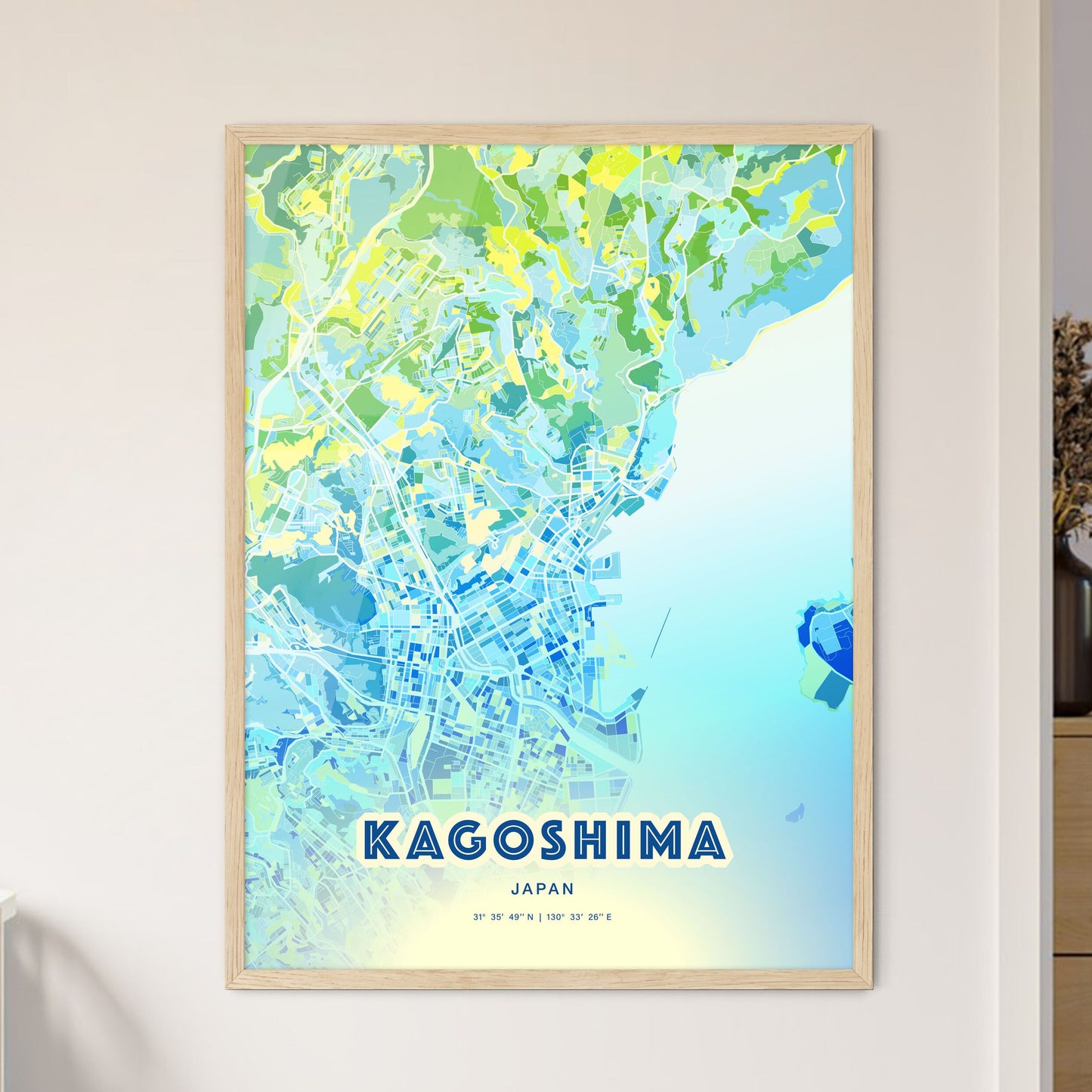 Colorful Kagoshima Japan Fine Art Map Cool Blue