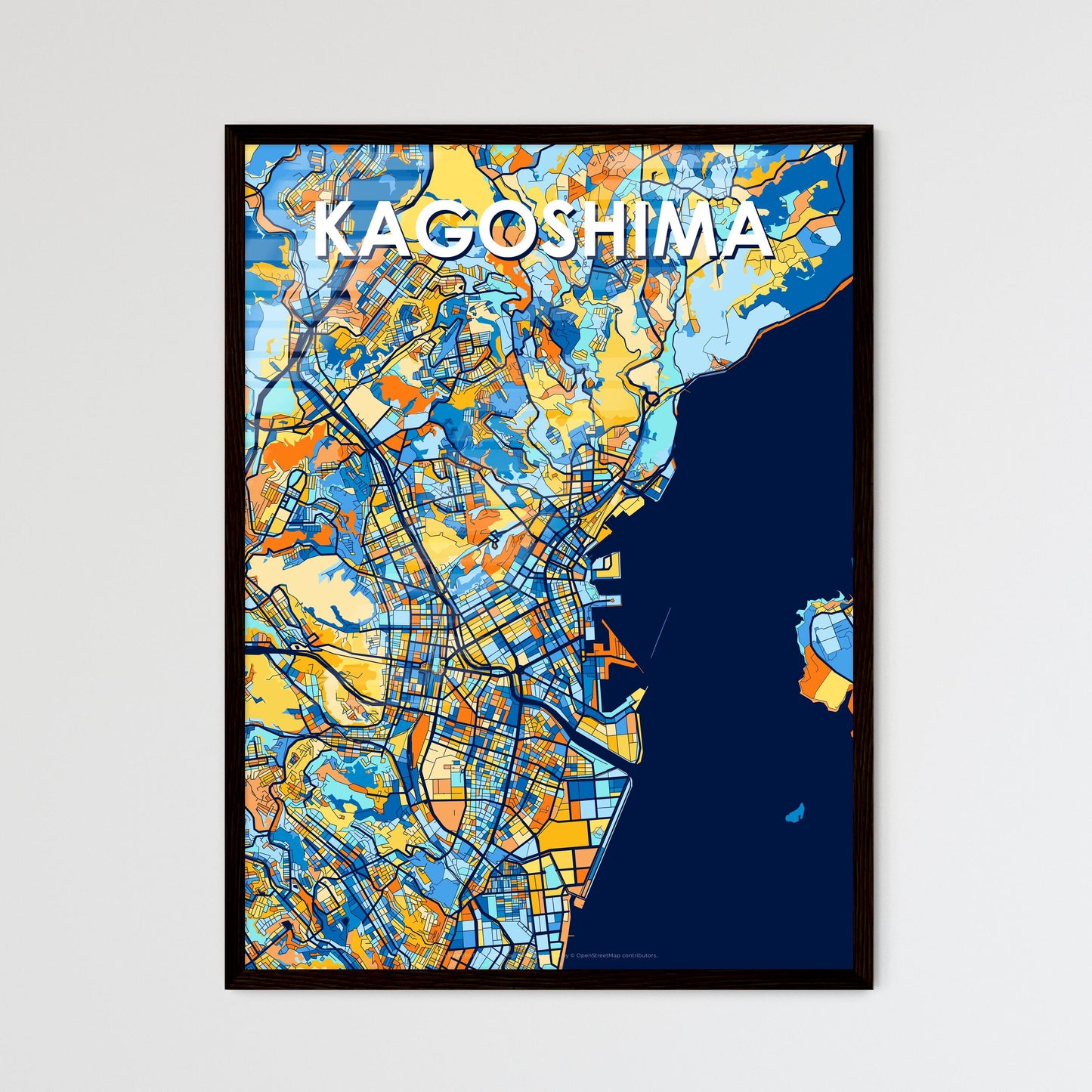 KAGOSHIMA JAPAN Vibrant Colorful Art Map Poster Blue Orange