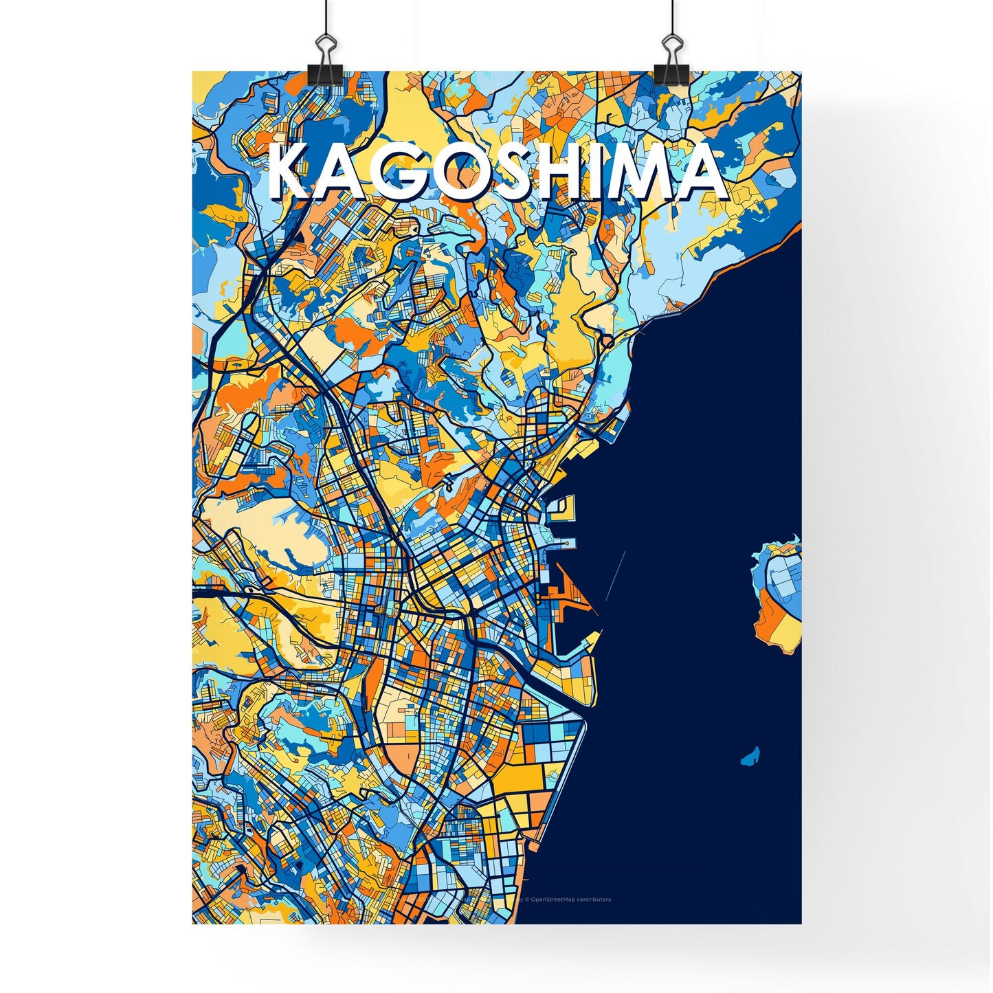 KAGOSHIMA JAPAN Vibrant Colorful Art Map Poster Blue Orange