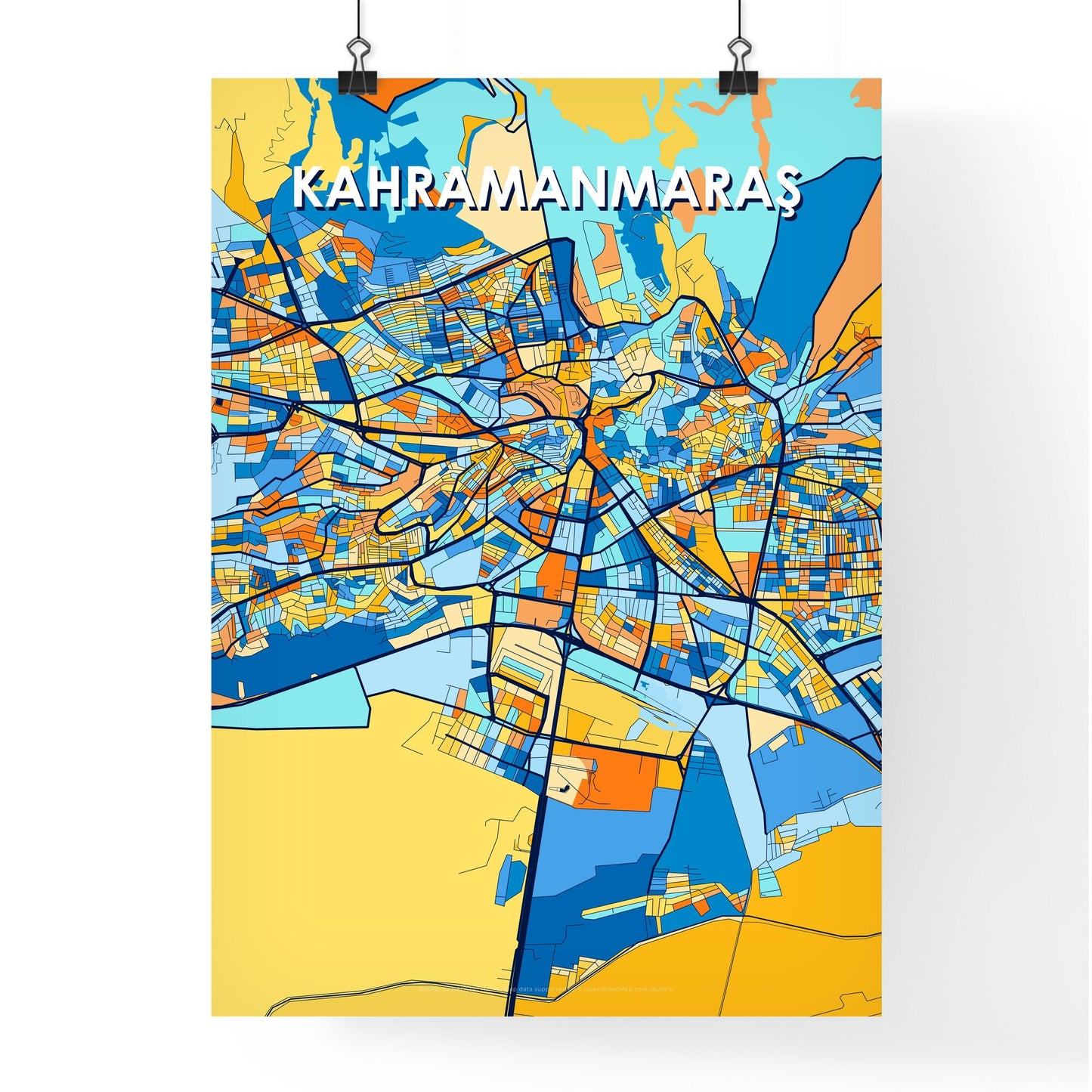 KAHRAMANMARAŞ TURKEY Vibrant Colorful Art Map Poster Blue Orange