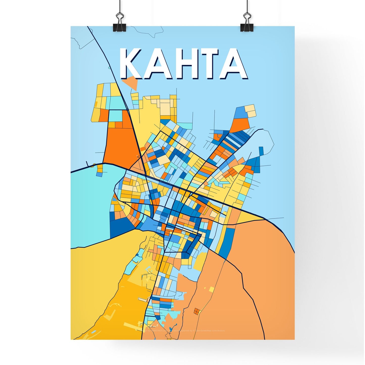 KAHTA TURKEY Vibrant Colorful Art Map Poster Blue Orange