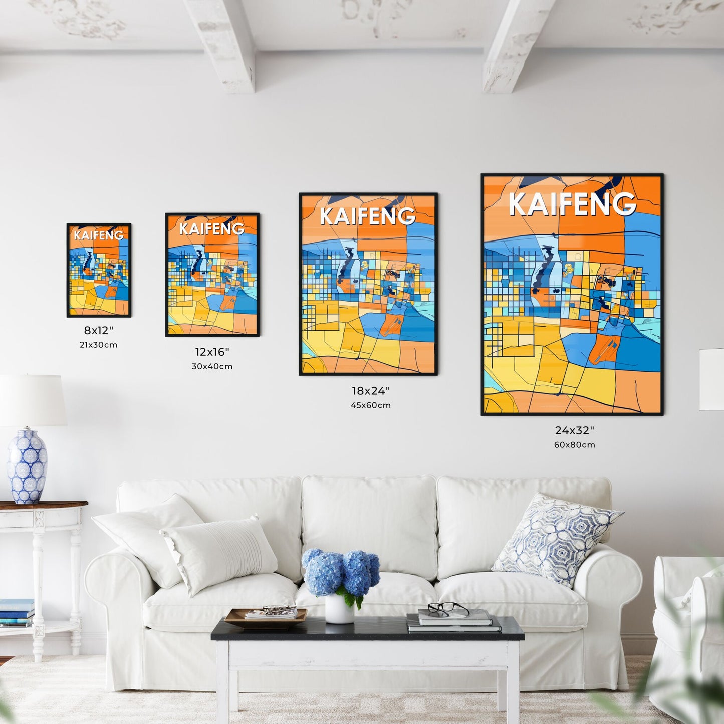 KAIFENG CHINA Vibrant Colorful Art Map Poster Blue Orange
