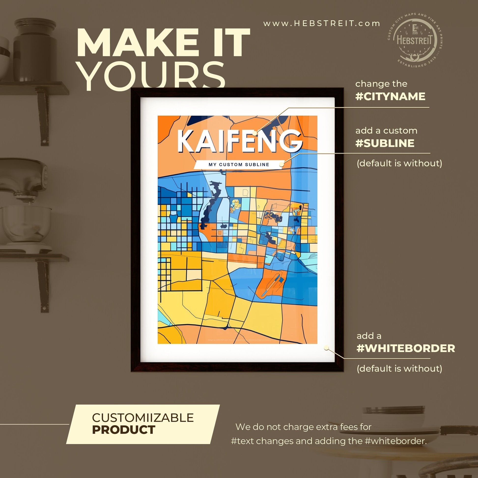 KAIFENG CHINA Vibrant Colorful Art Map Poster Blue Orange