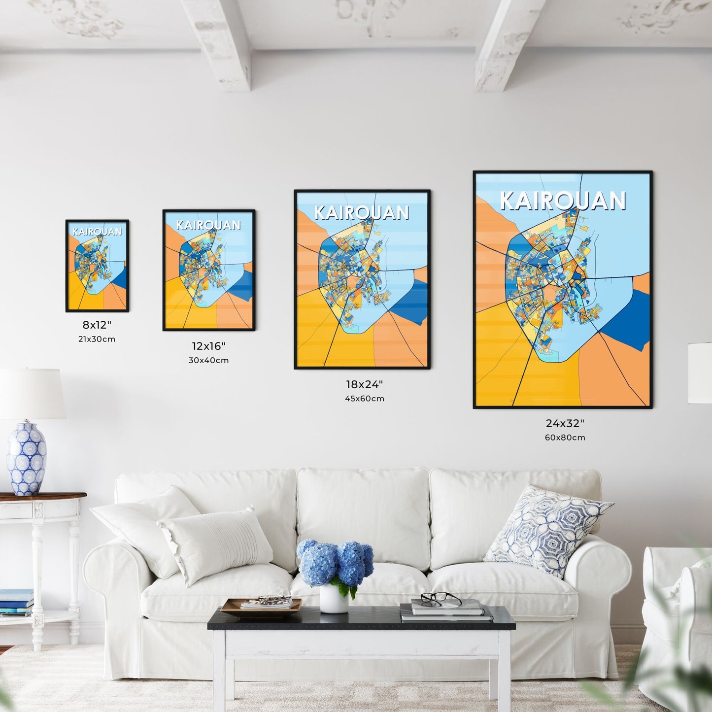 KAIROUAN TUNISIA Vibrant Colorful Art Map Poster Blue Orange