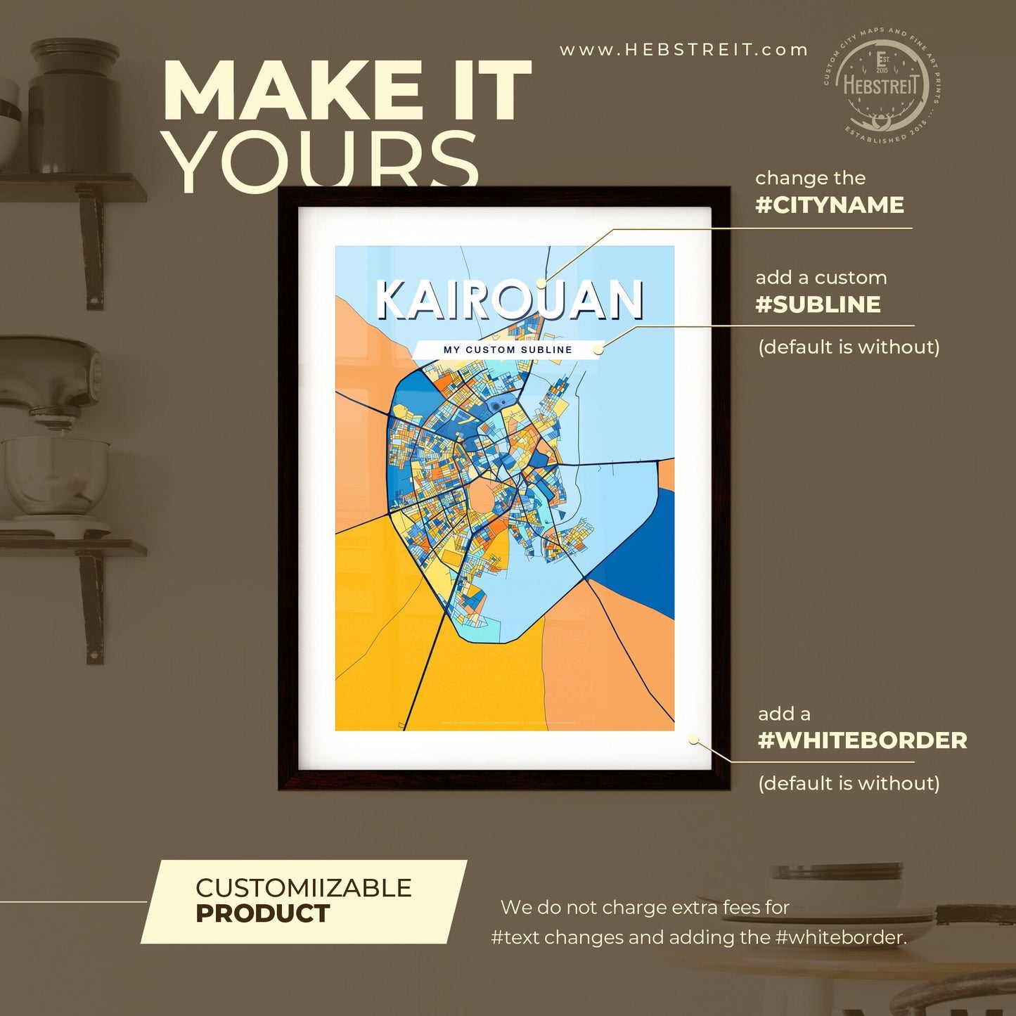 KAIROUAN TUNISIA Vibrant Colorful Art Map Poster Blue Orange