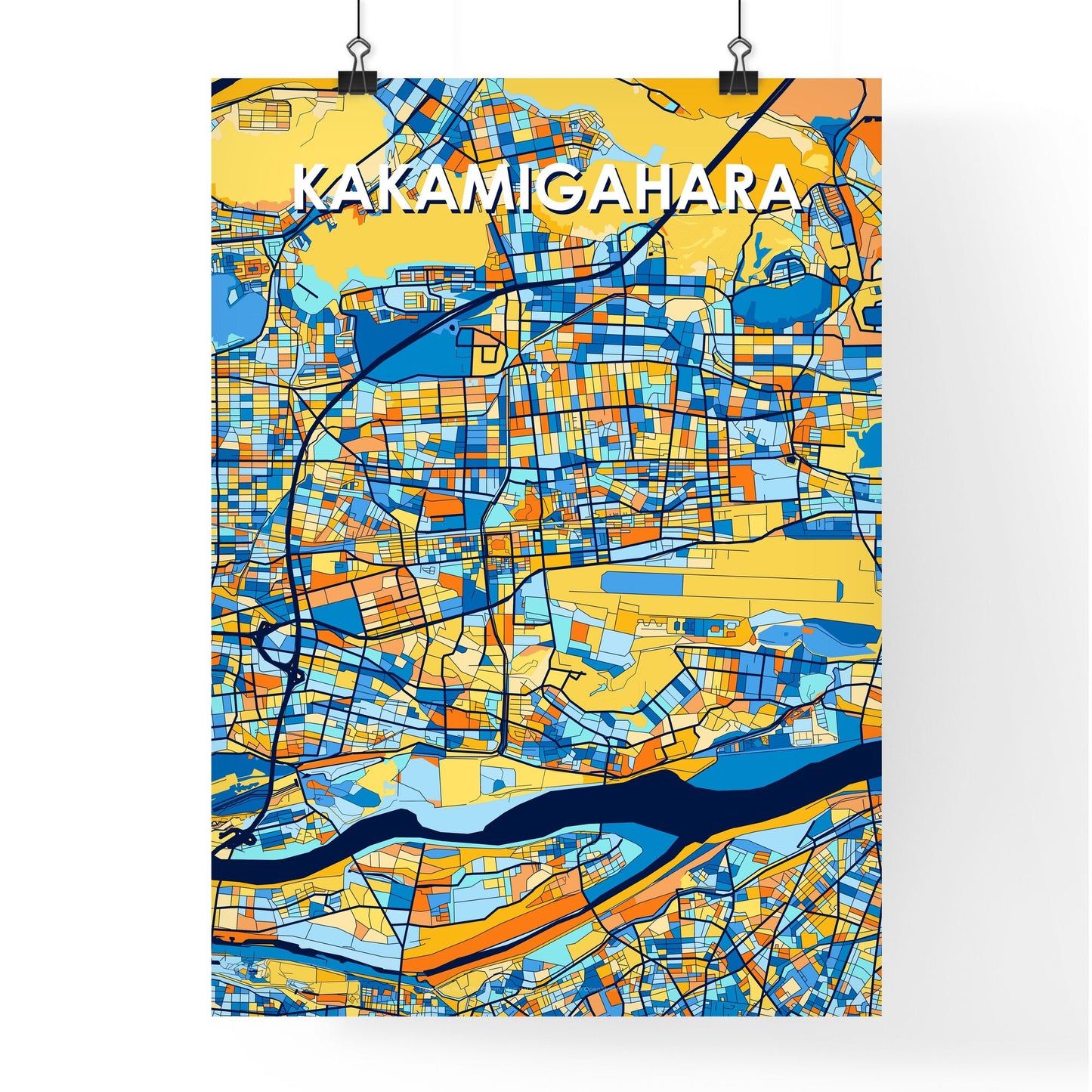 KAKAMIGAHARA JAPAN Vibrant Colorful Art Map Poster Blue Orange