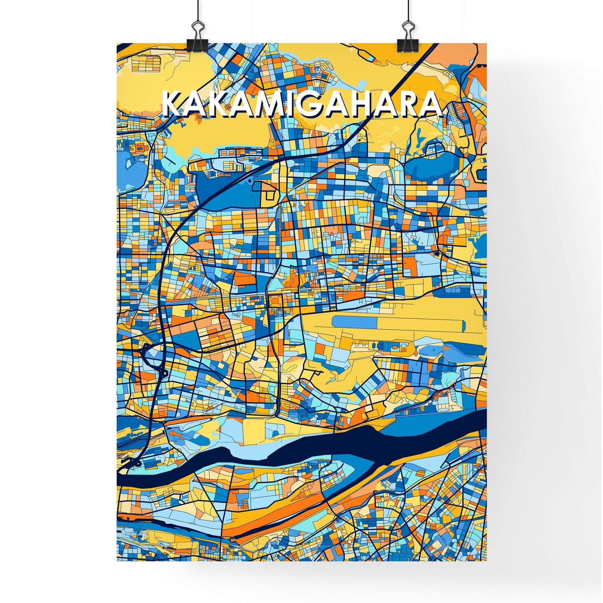 KAKAMIGAHARA JAPAN Vibrant Colorful Art Map Poster Blue Orange