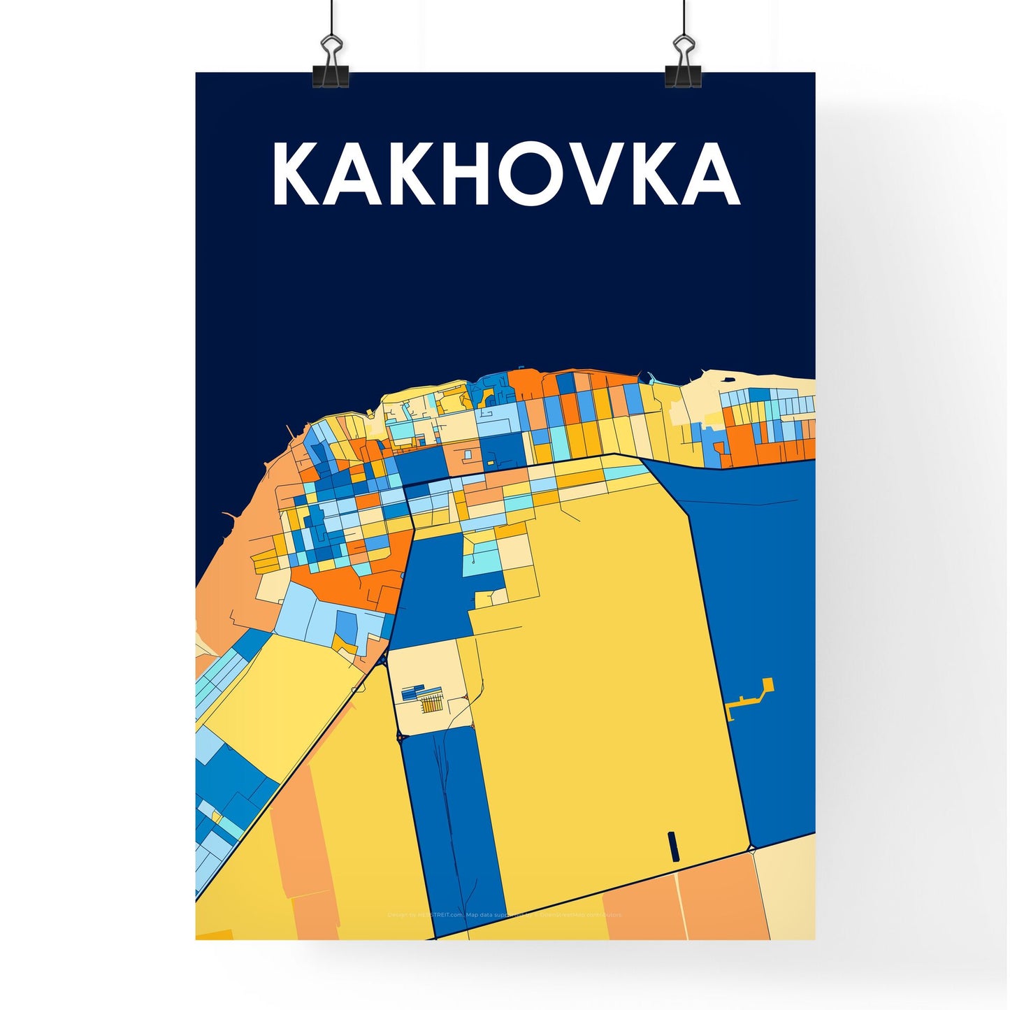 KAKHOVKA UKRAINE Vibrant Colorful Art Map Poster Blue Orange