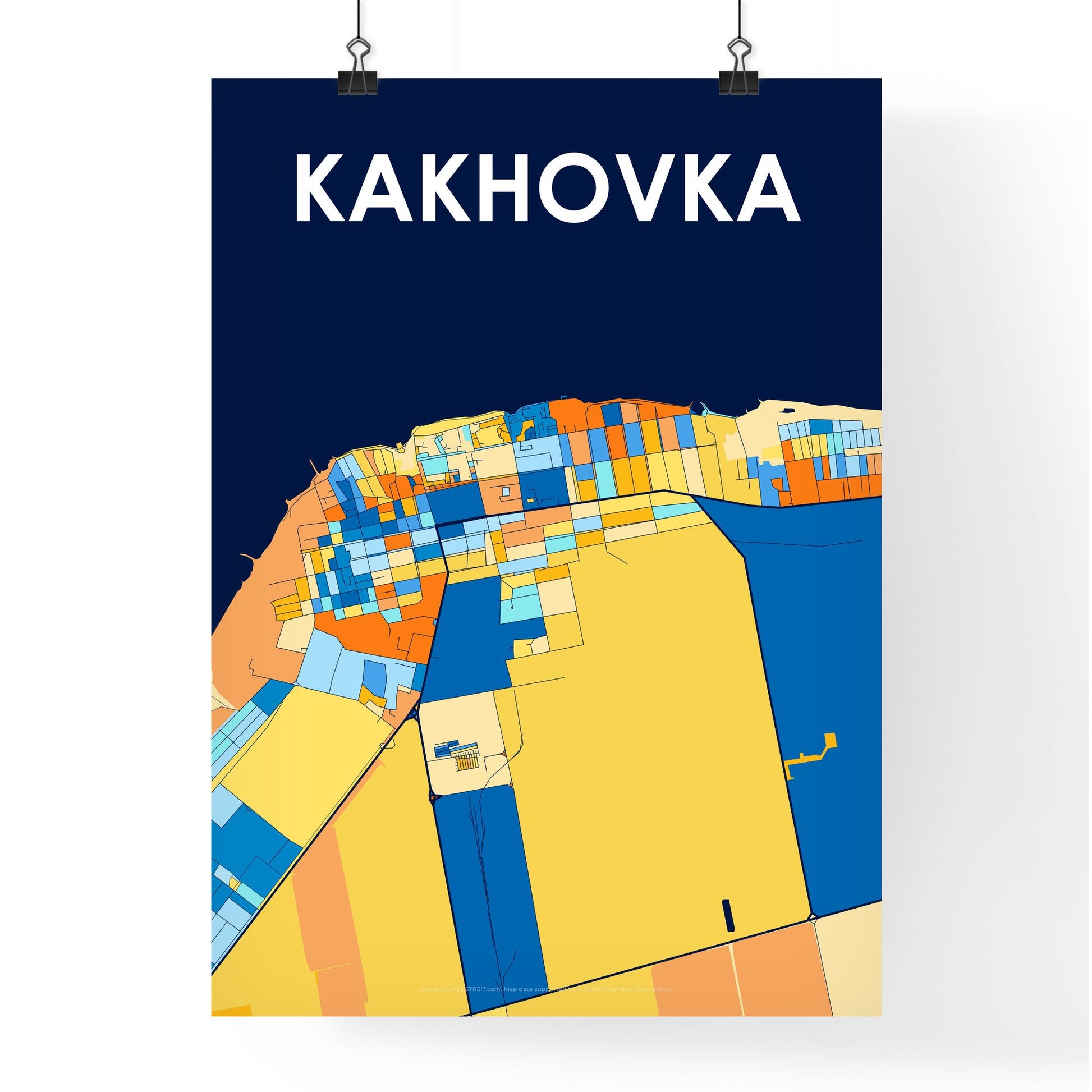 KAKHOVKA UKRAINE Vibrant Colorful Art Map Poster Blue Orange