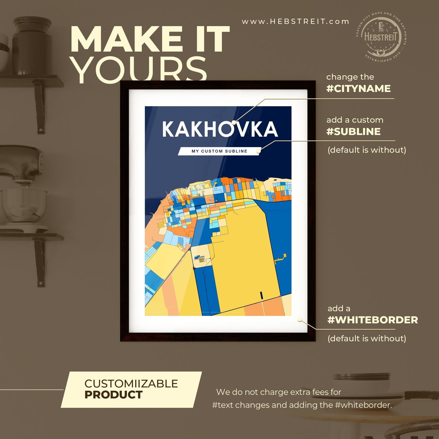 KAKHOVKA UKRAINE Vibrant Colorful Art Map Poster Blue Orange