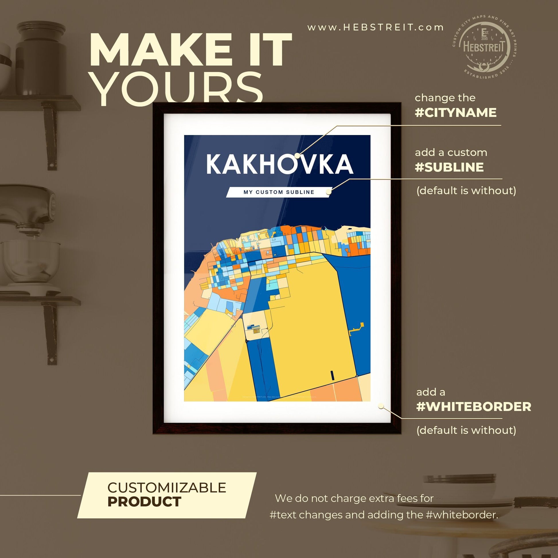 KAKHOVKA UKRAINE Vibrant Colorful Art Map Poster Blue Orange