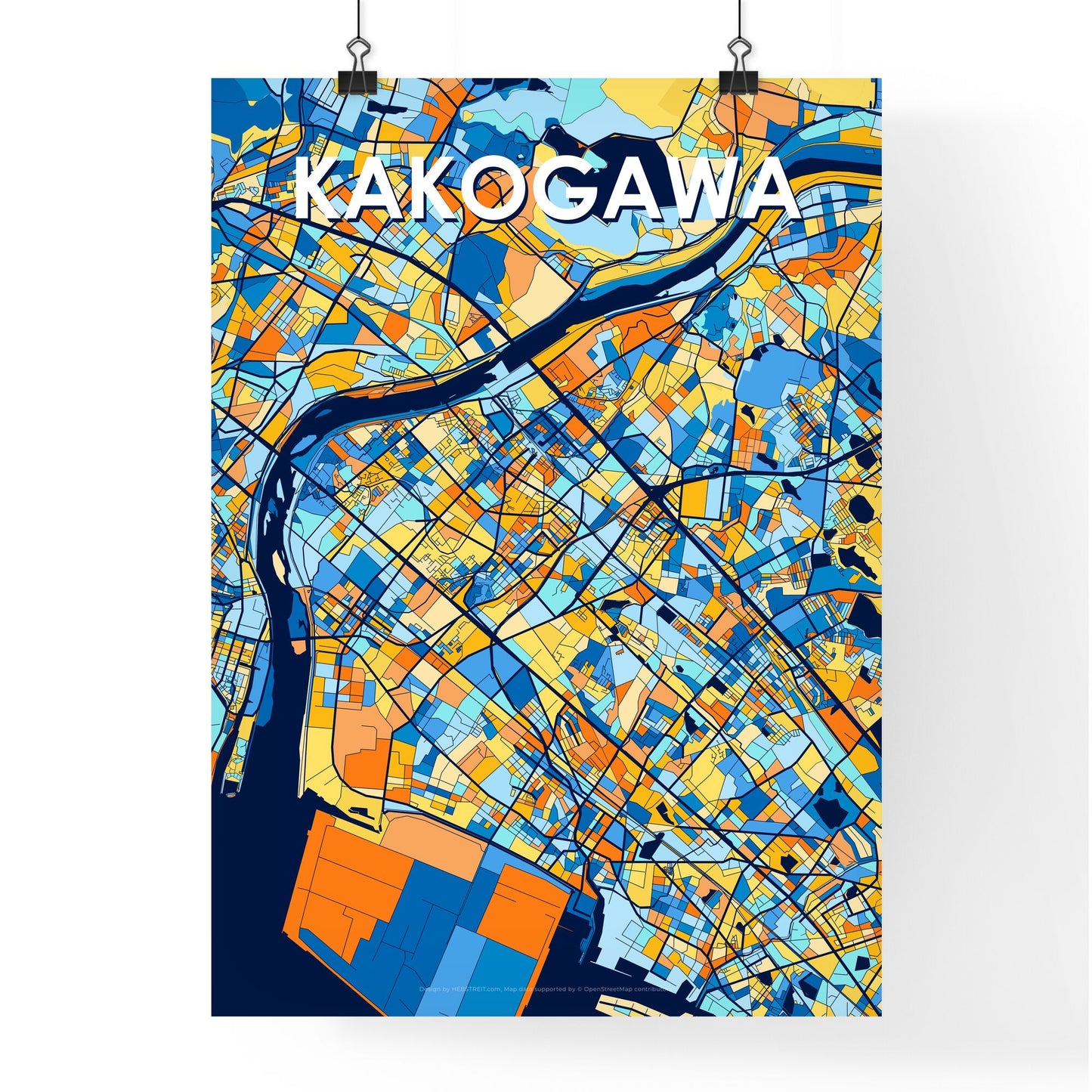 KAKOGAWA JAPAN Vibrant Colorful Art Map Poster Blue Orange