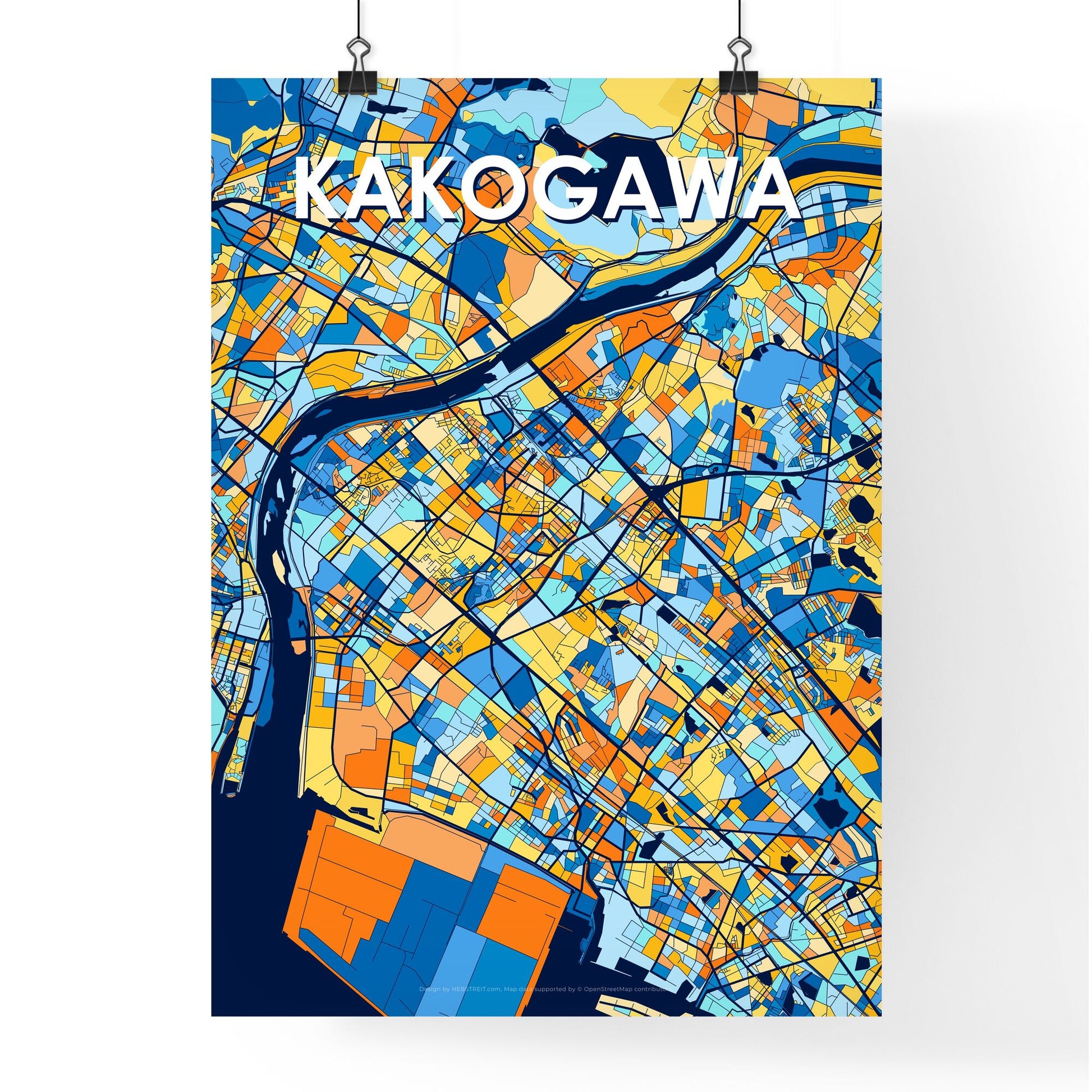 KAKOGAWA JAPAN Vibrant Colorful Art Map Poster Blue Orange