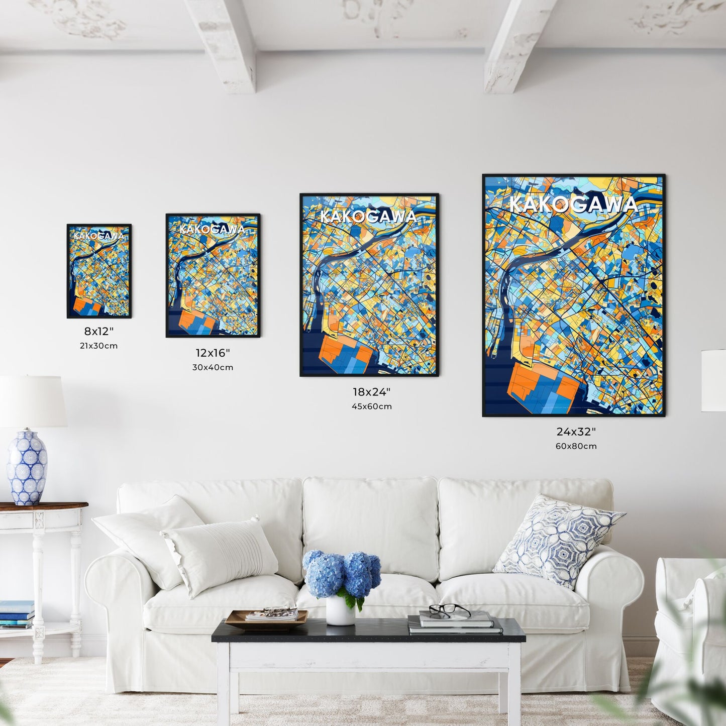 KAKOGAWA JAPAN Vibrant Colorful Art Map Poster Blue Orange