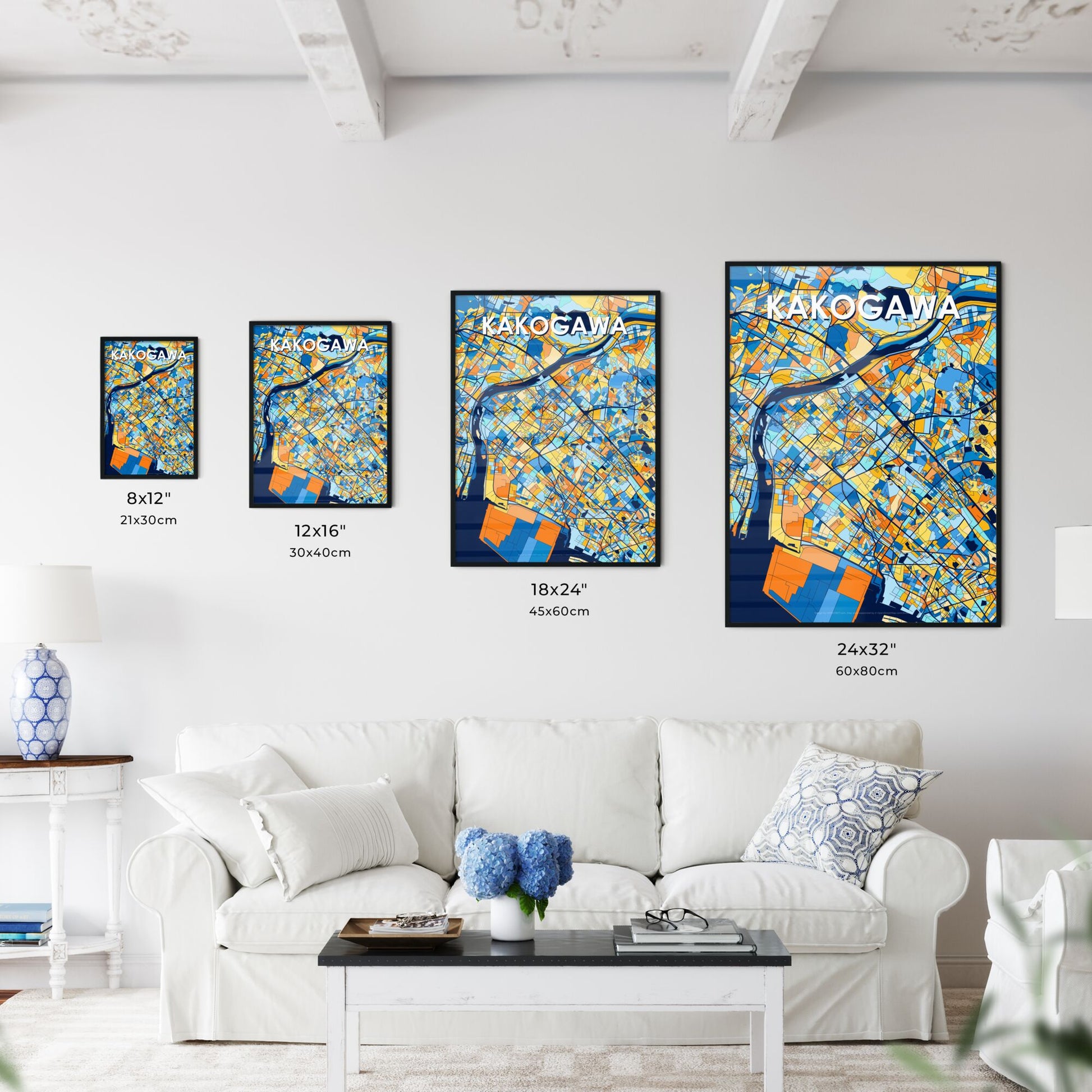 KAKOGAWA JAPAN Vibrant Colorful Art Map Poster Blue Orange