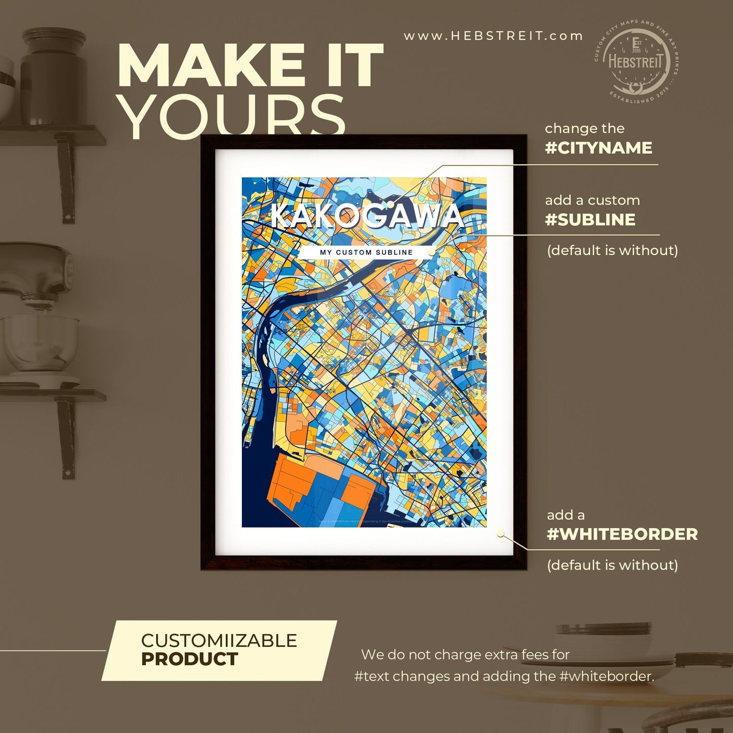 KAKOGAWA JAPAN Vibrant Colorful Art Map Poster Blue Orange