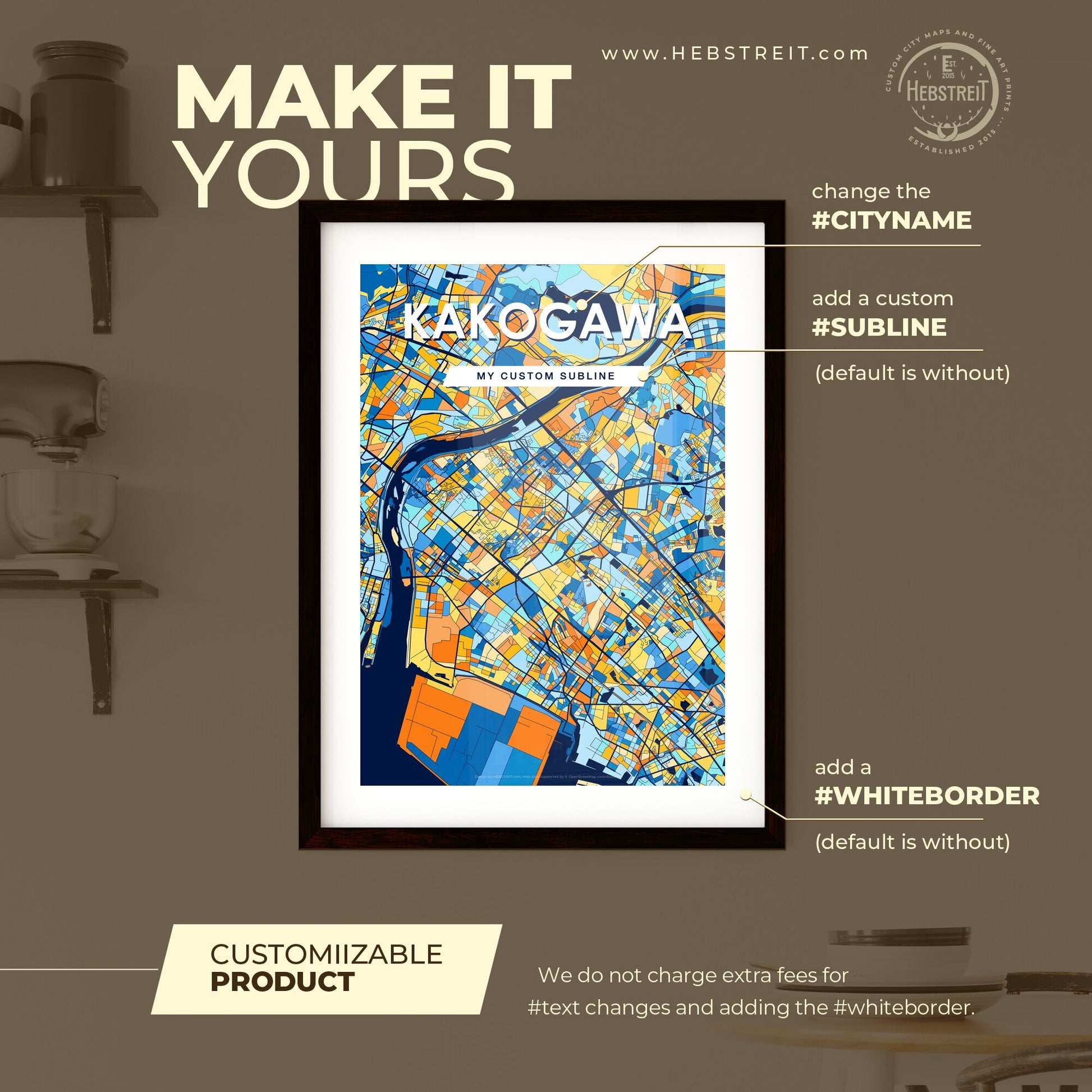 KAKOGAWA JAPAN Vibrant Colorful Art Map Poster Blue Orange