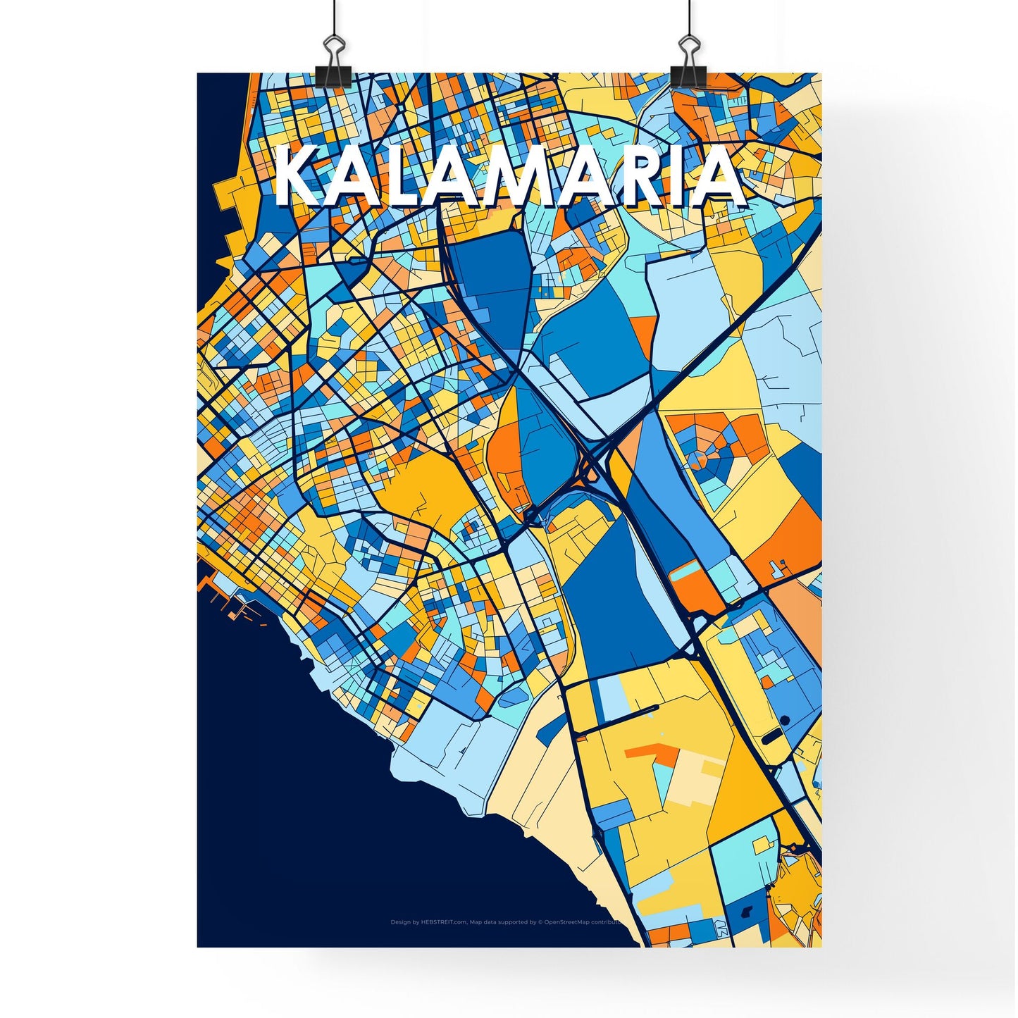 KALAMARIA GREECE Vibrant Colorful Art Map Poster Blue Orange