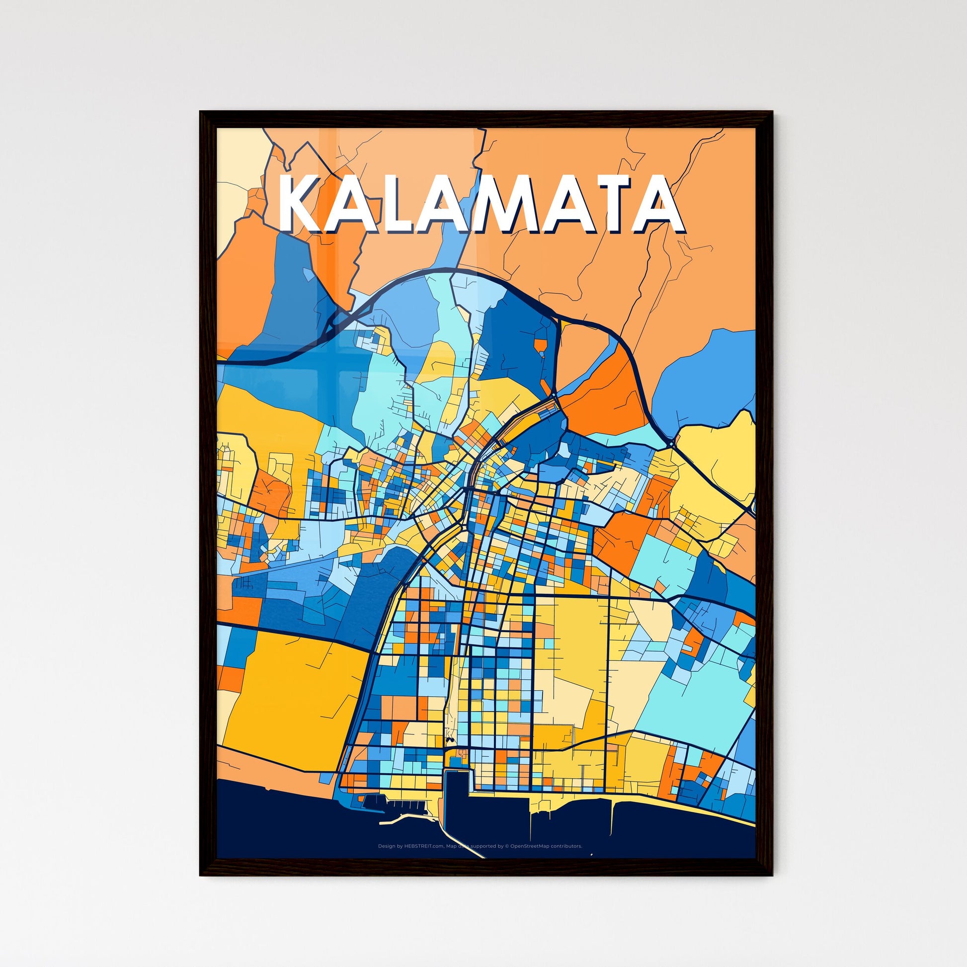 KALAMATA GREECE Vibrant Colorful Art Map Poster Blue Orange