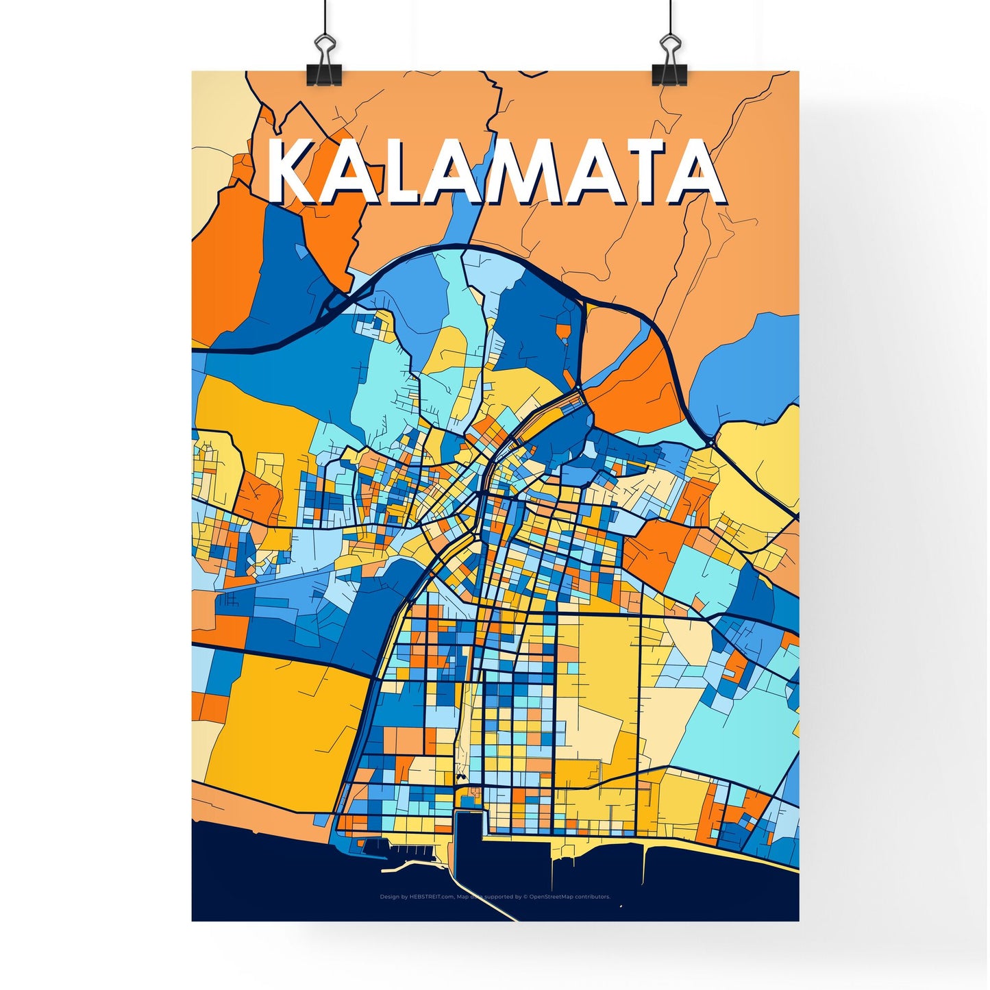 KALAMATA GREECE Vibrant Colorful Art Map Poster Blue Orange