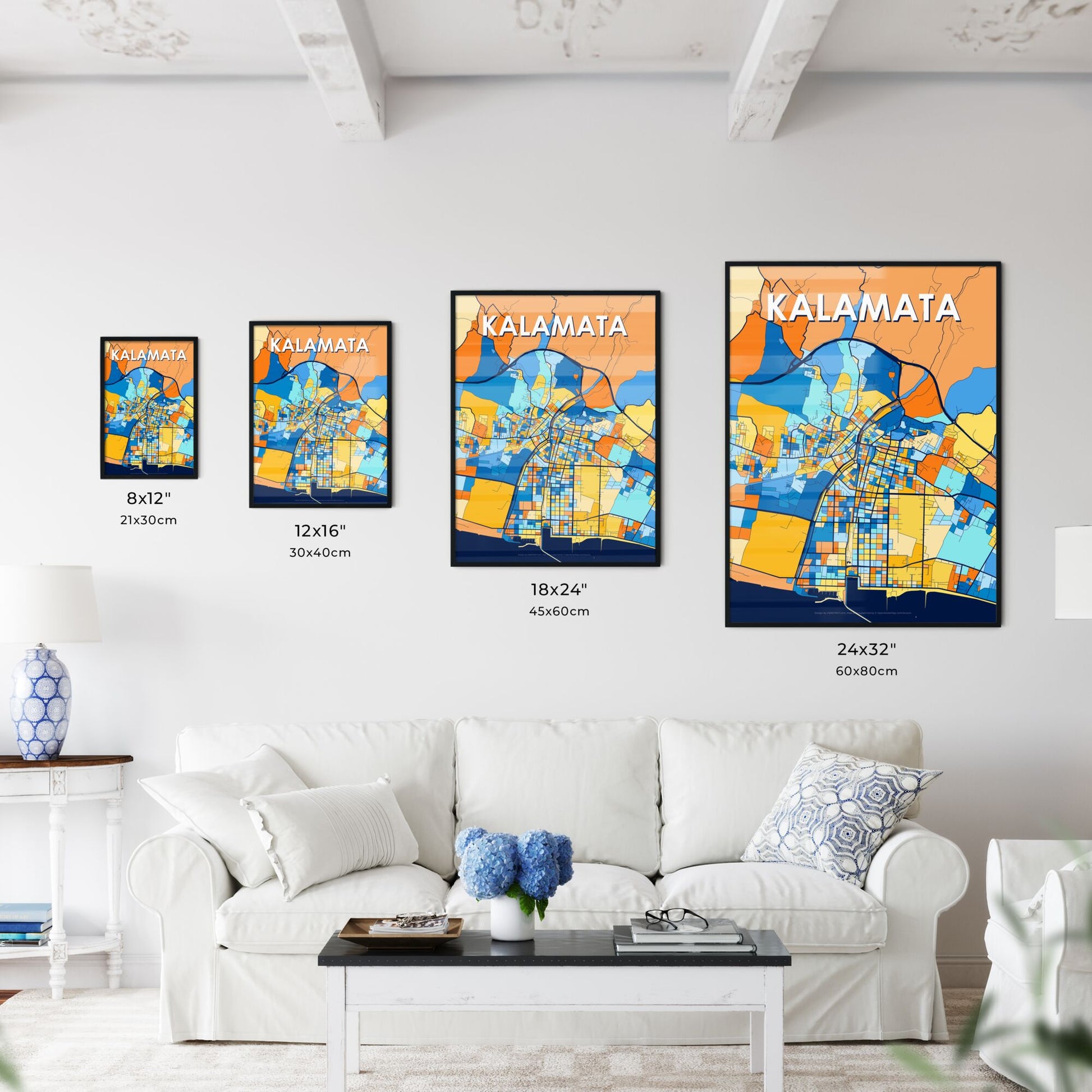 KALAMATA GREECE Vibrant Colorful Art Map Poster Blue Orange