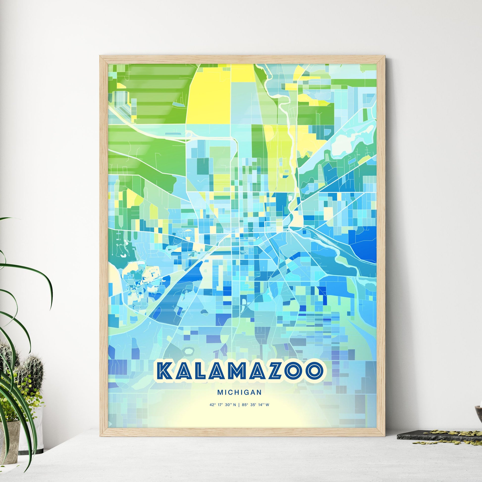 Colorful Kalamazoo Michigan Fine Art Map Cool Blue