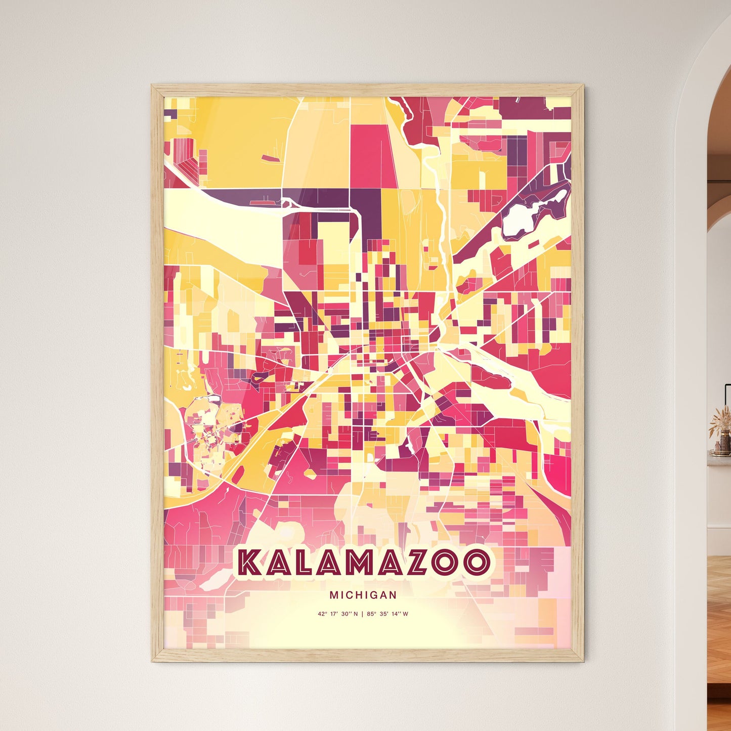 Colorful Kalamazoo Michigan Fine Art Map Hot Red