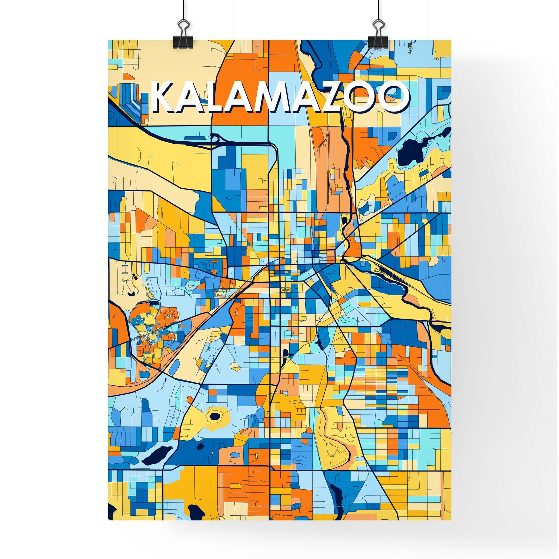 KALAMAZOO MICHIGAN Vibrant Colorful Art Map Poster Blue Orange