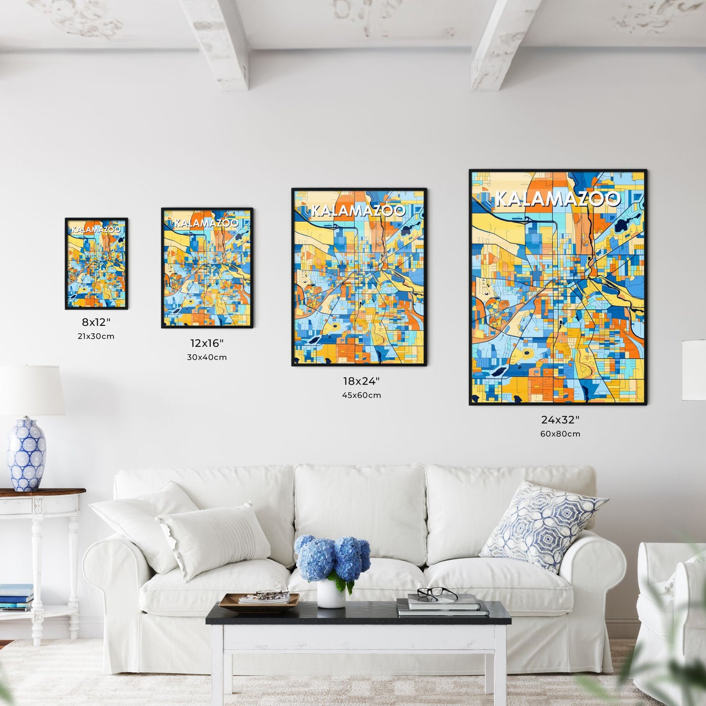 KALAMAZOO MICHIGAN Vibrant Colorful Art Map Poster Blue Orange