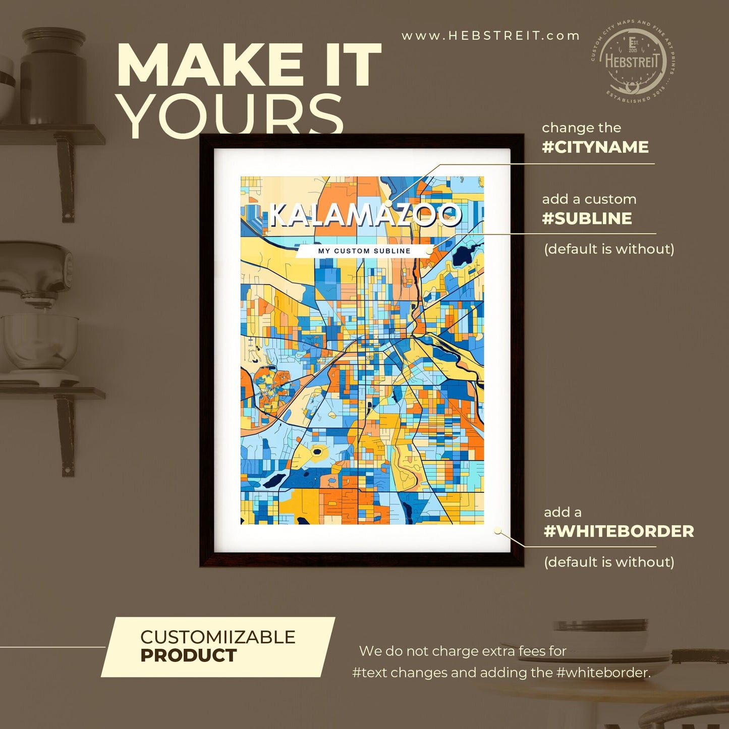 KALAMAZOO MICHIGAN Vibrant Colorful Art Map Poster Blue Orange