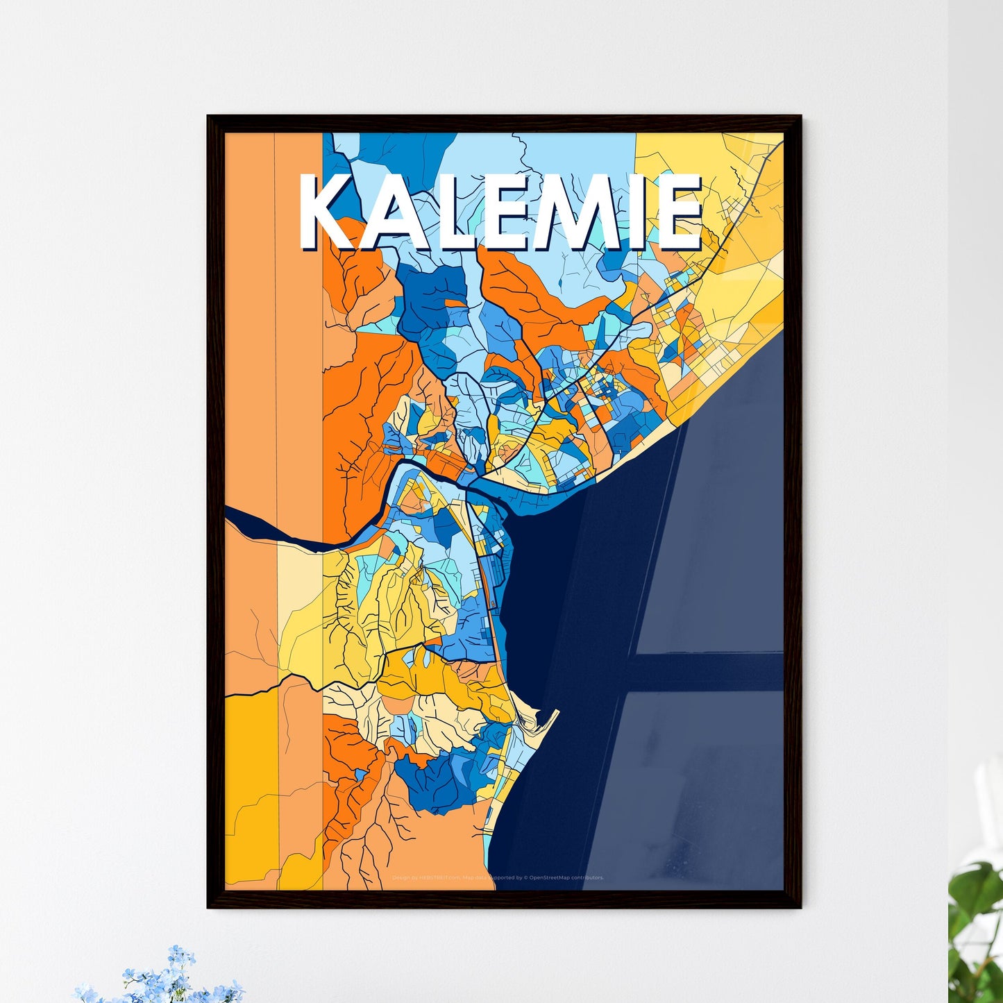 KALEMIE DR CONGO Vibrant Colorful Art Map Poster Blue Orange