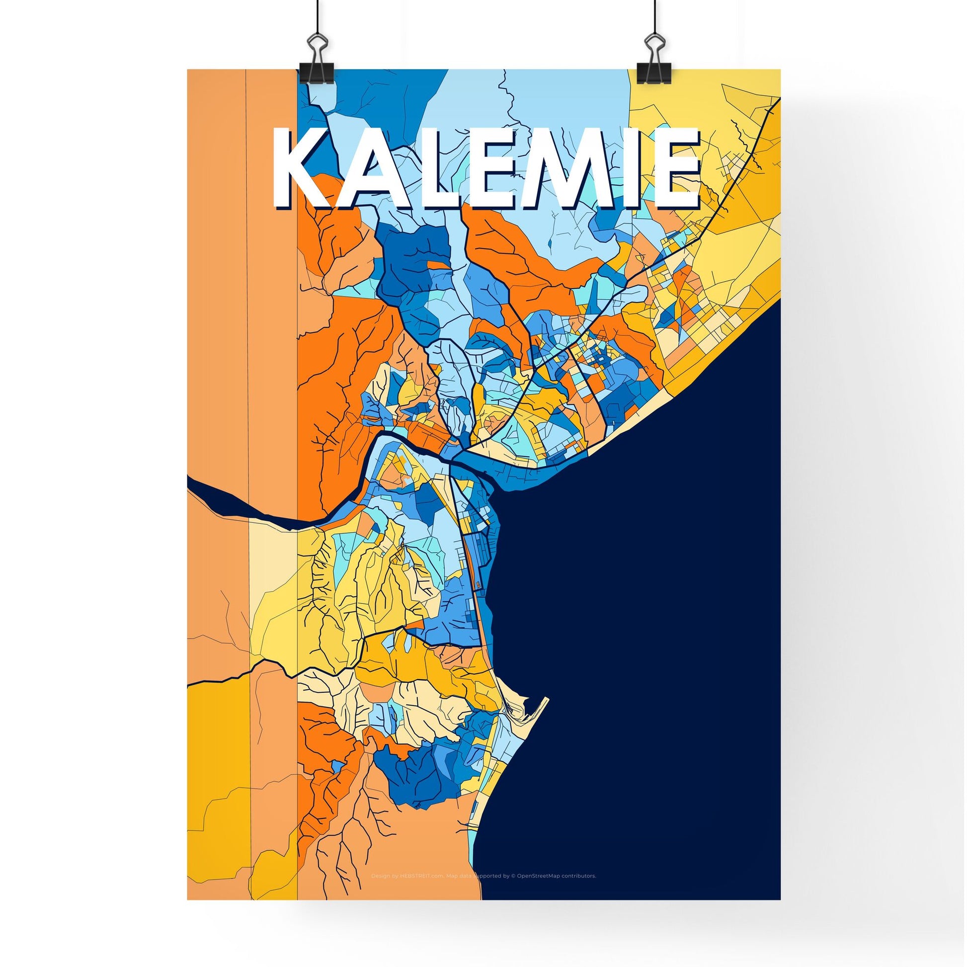 KALEMIE DR CONGO Vibrant Colorful Art Map Poster Blue Orange