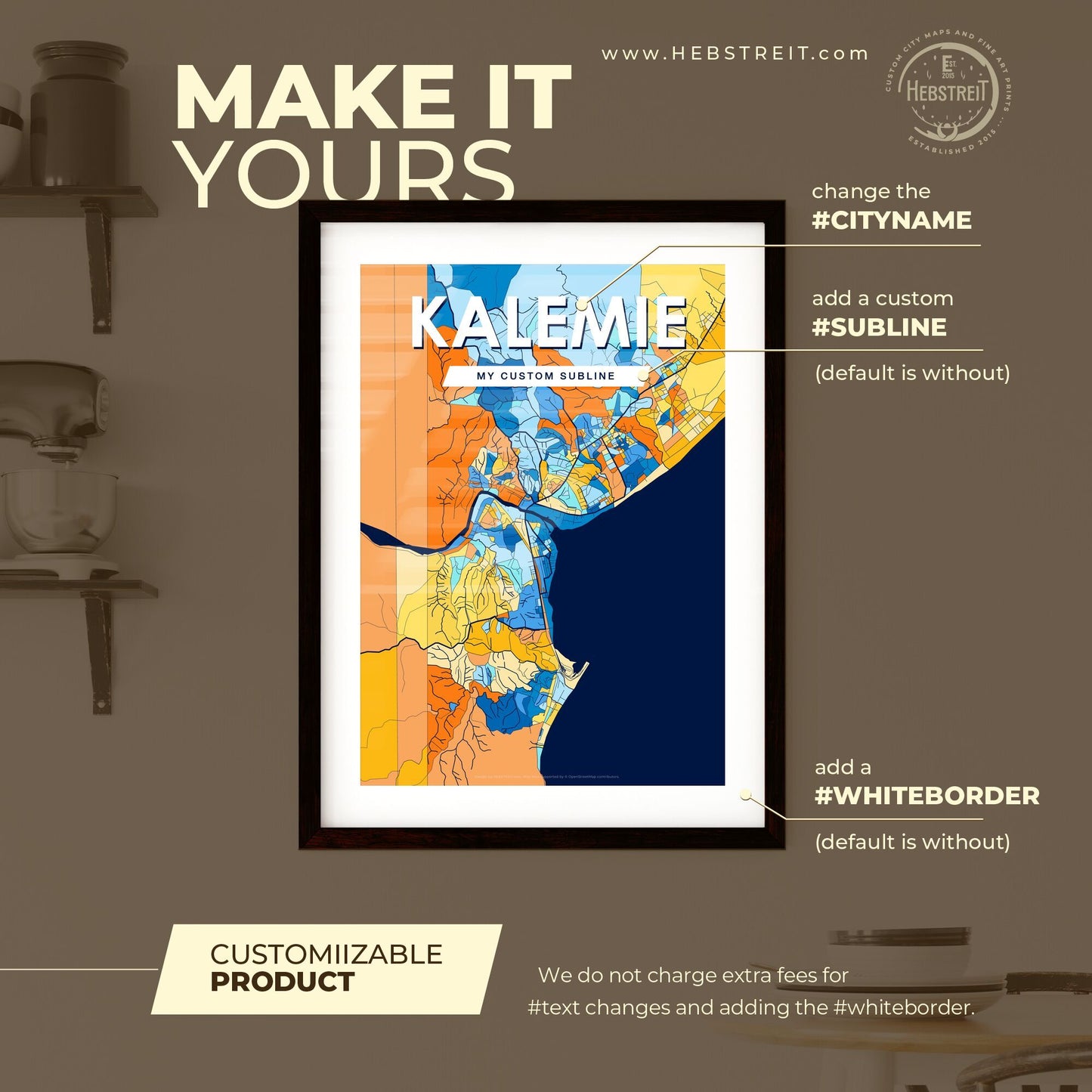 KALEMIE DR CONGO Vibrant Colorful Art Map Poster Blue Orange