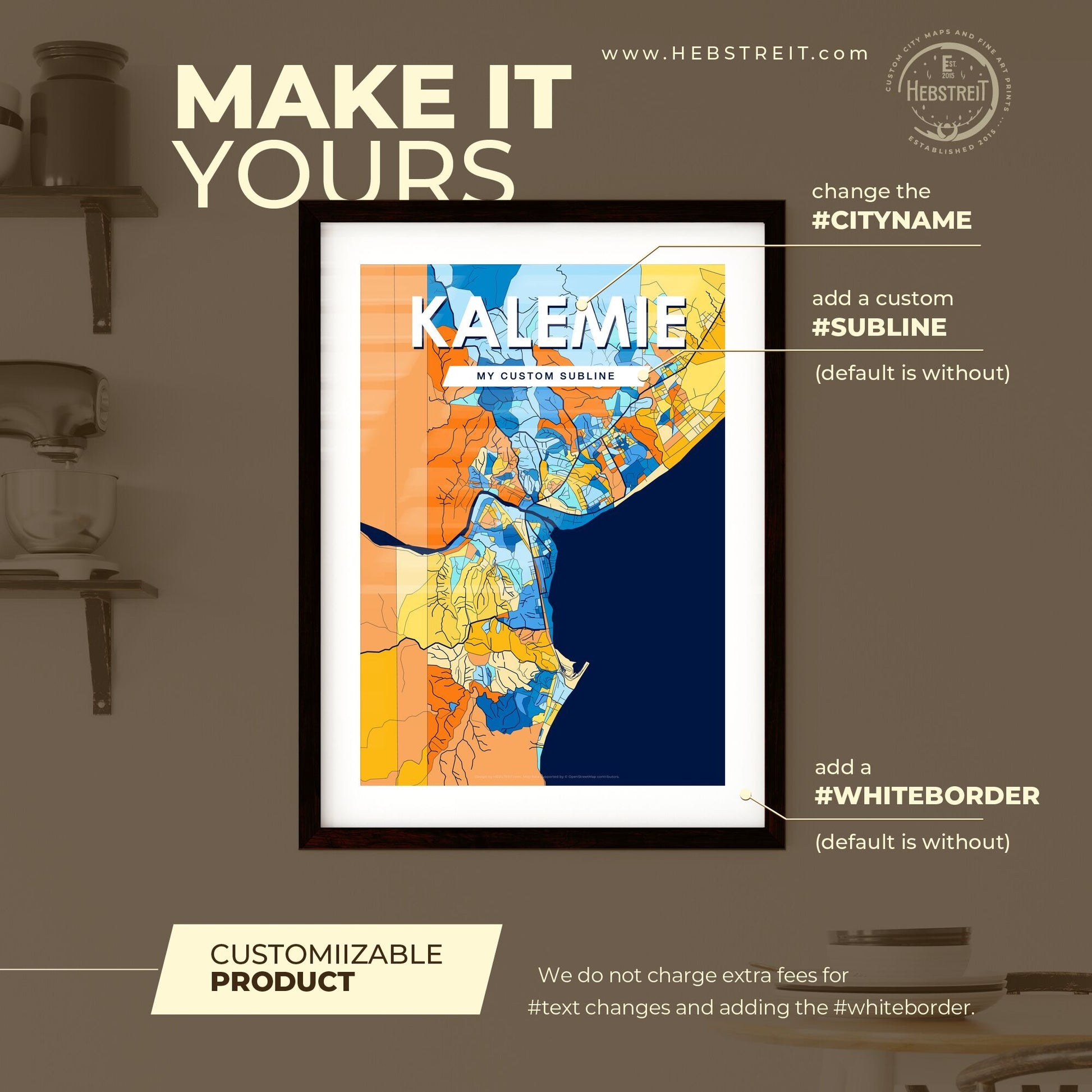 KALEMIE DR CONGO Vibrant Colorful Art Map Poster Blue Orange