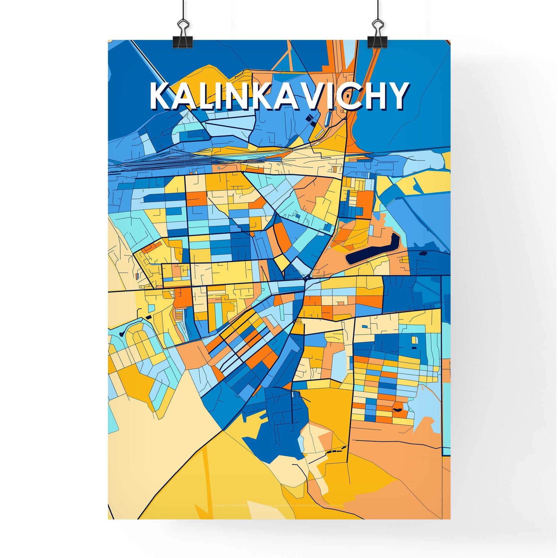 KALINKAVICHY BELARUS Vibrant Colorful Art Map Poster Blue Orange