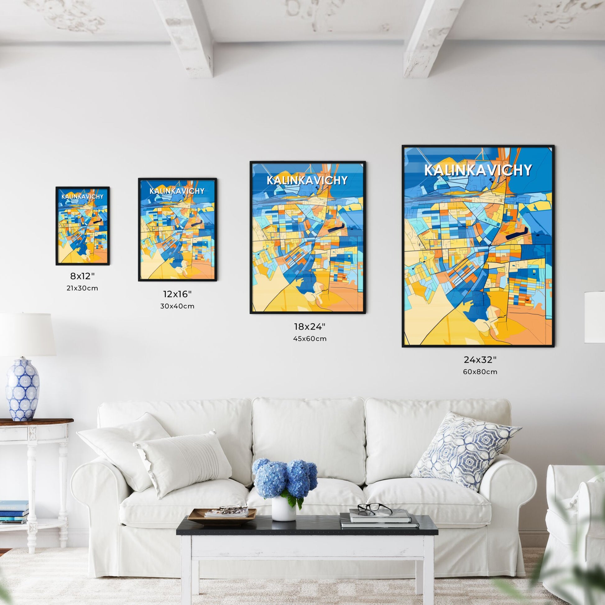 KALINKAVICHY BELARUS Vibrant Colorful Art Map Poster Blue Orange