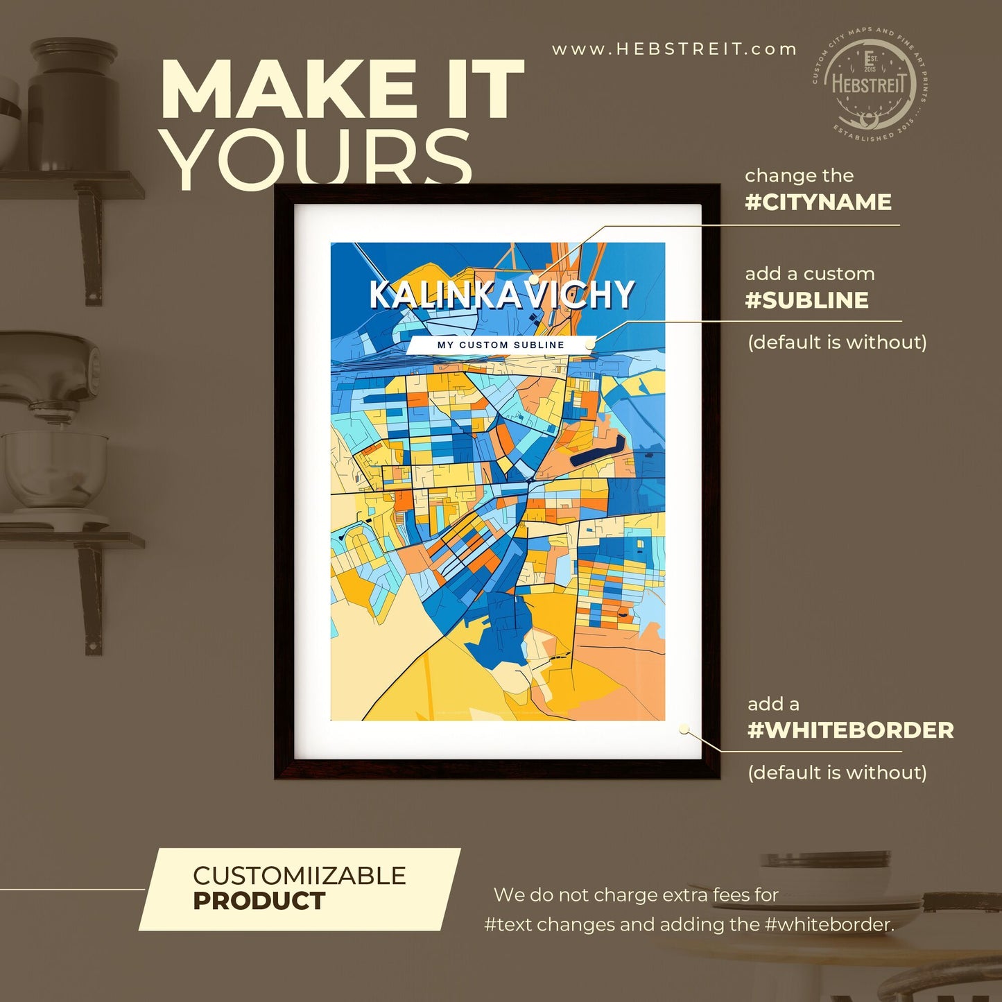 KALINKAVICHY BELARUS Vibrant Colorful Art Map Poster Blue Orange