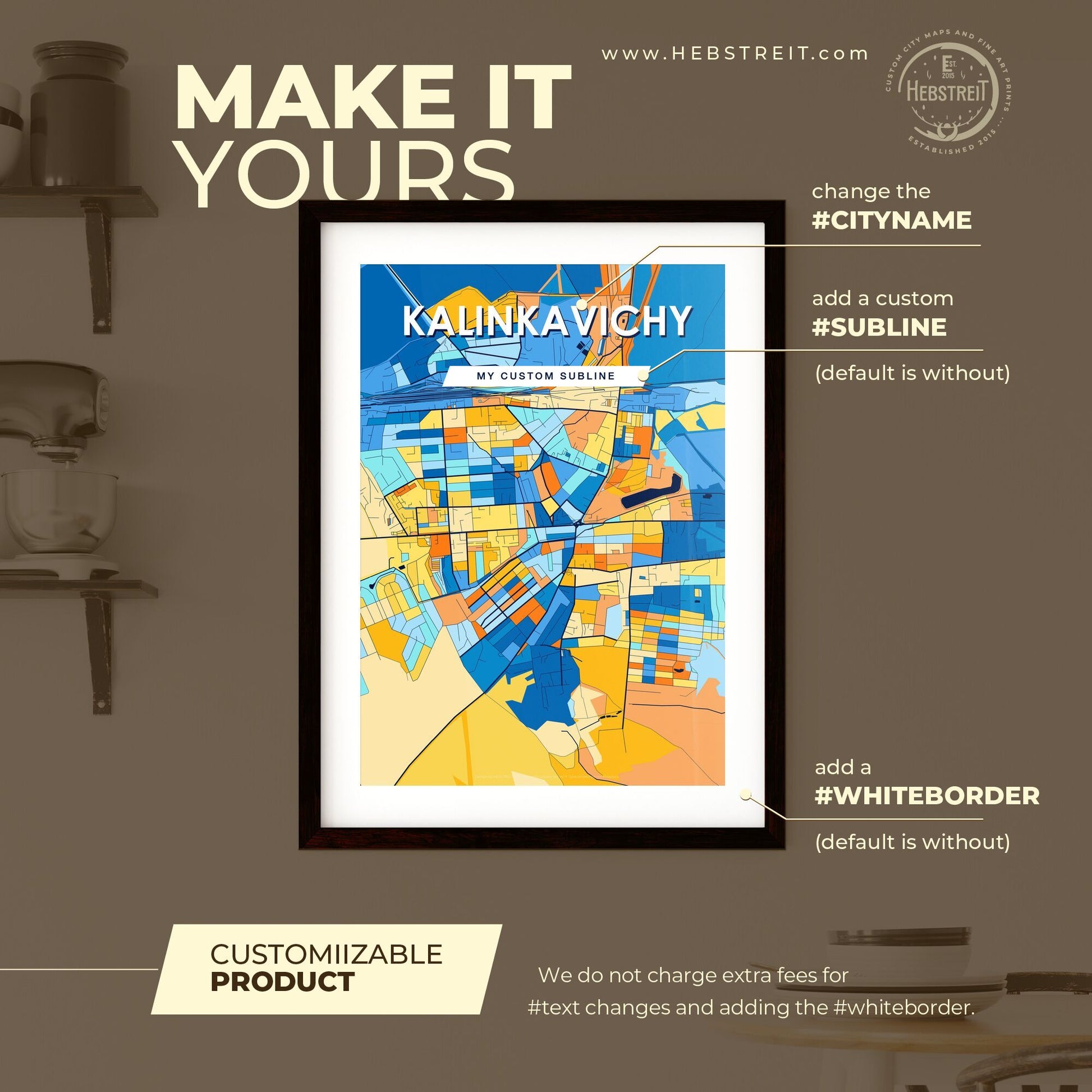 KALINKAVICHY BELARUS Vibrant Colorful Art Map Poster Blue Orange