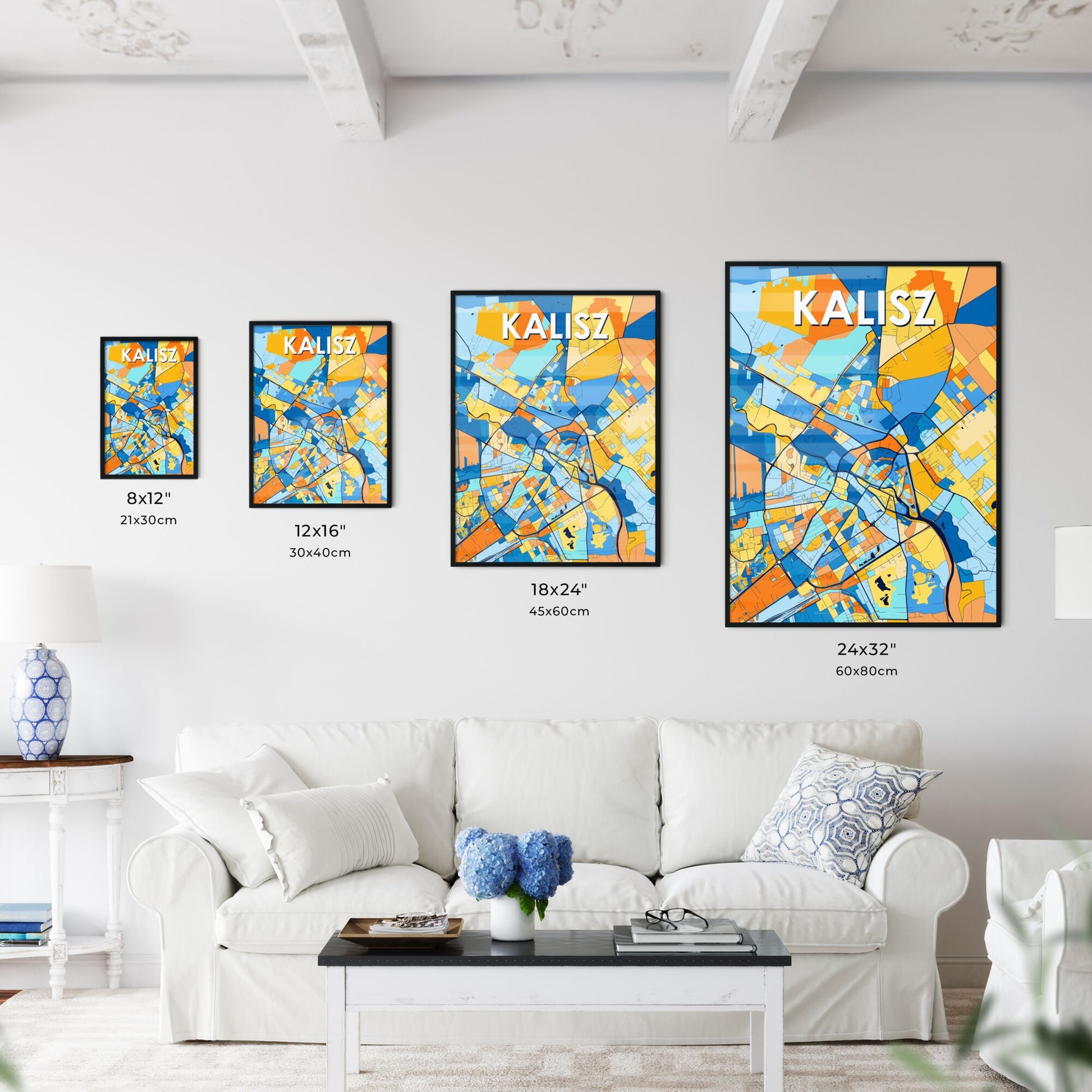 KALISZ POLAND Vibrant Colorful Art Map Poster Blue Orange