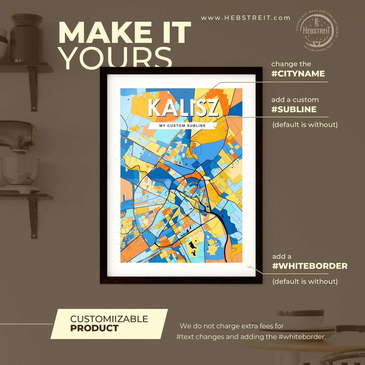 KALISZ POLAND Vibrant Colorful Art Map Poster Blue Orange