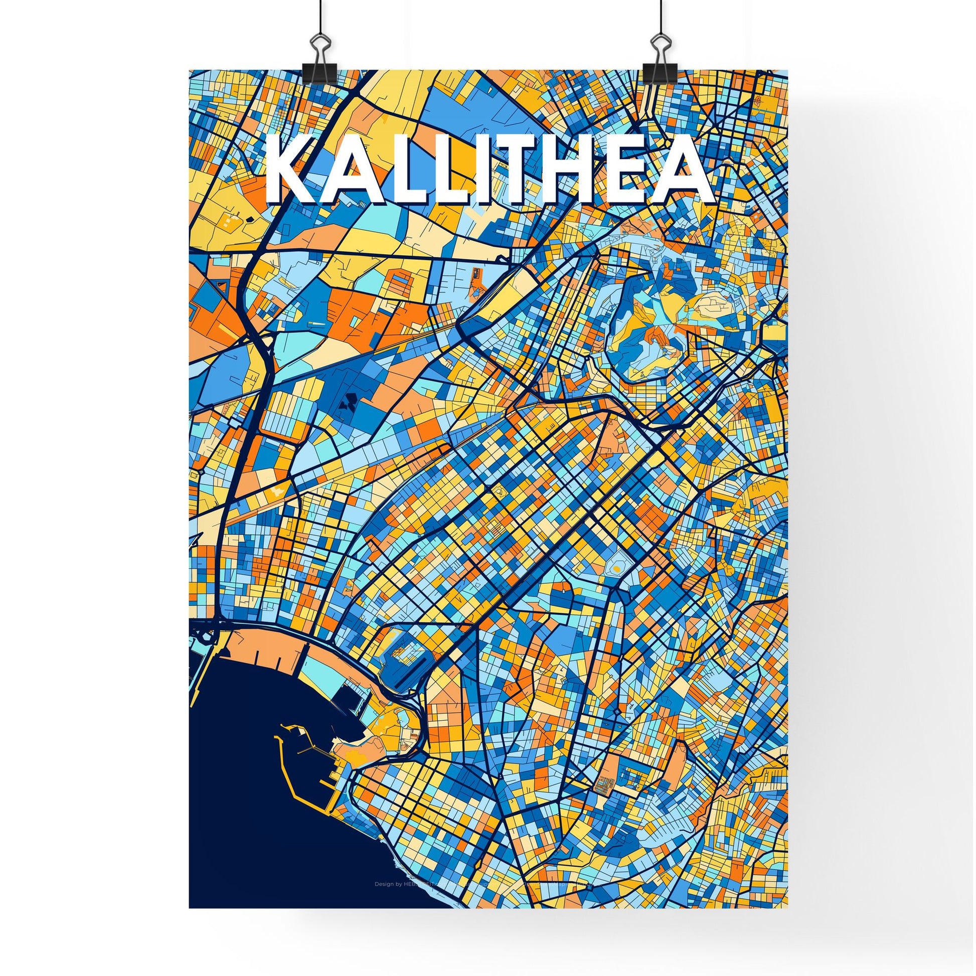 KALLITHEA GREECE Vibrant Colorful Art Map Poster Blue Orange