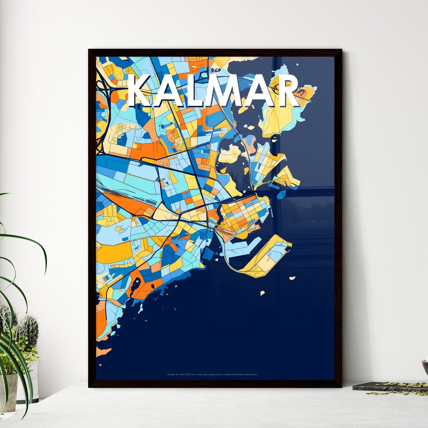 KALMAR SWEDEN Vibrant Colorful Art Map Poster Blue Orange