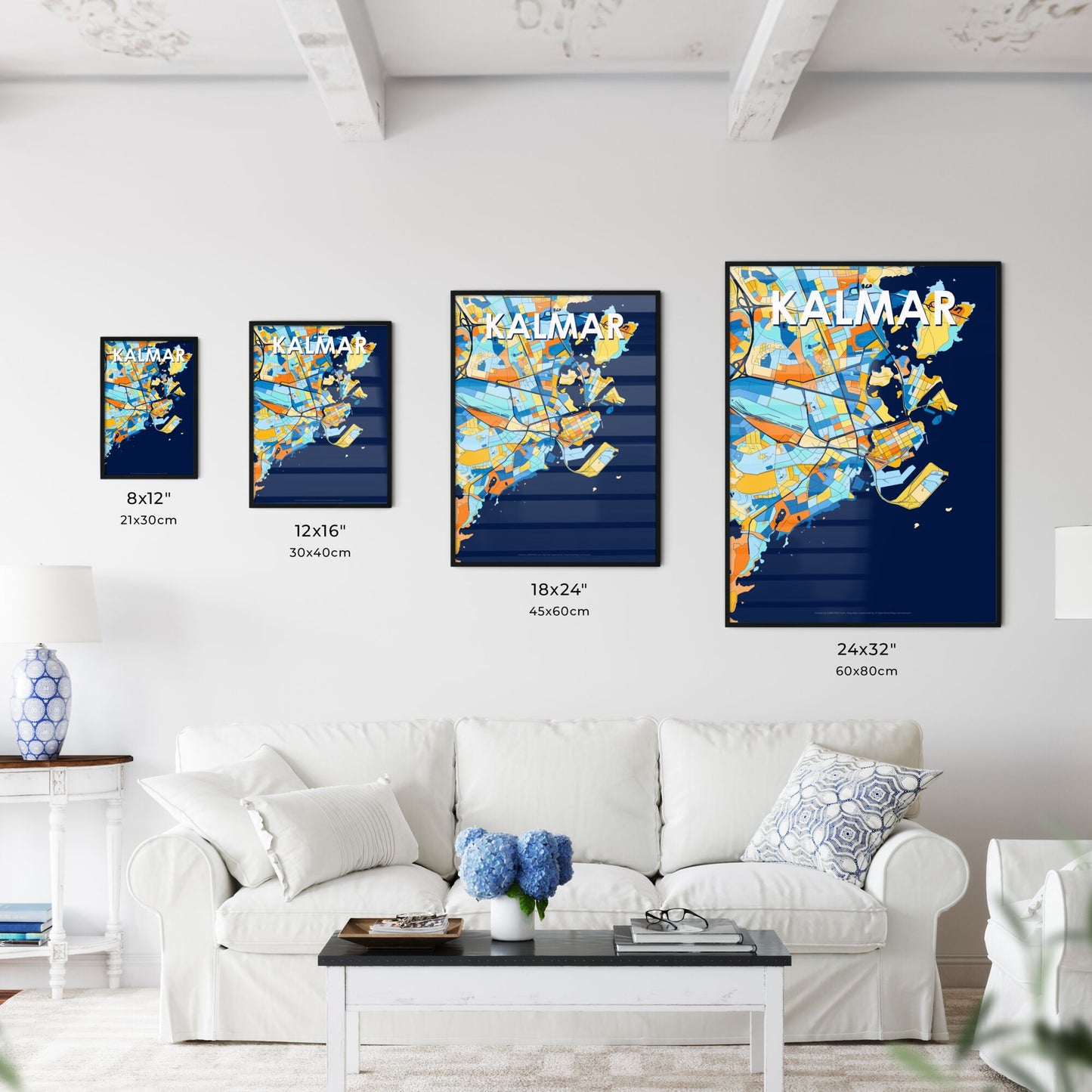 KALMAR SWEDEN Vibrant Colorful Art Map Poster Blue Orange